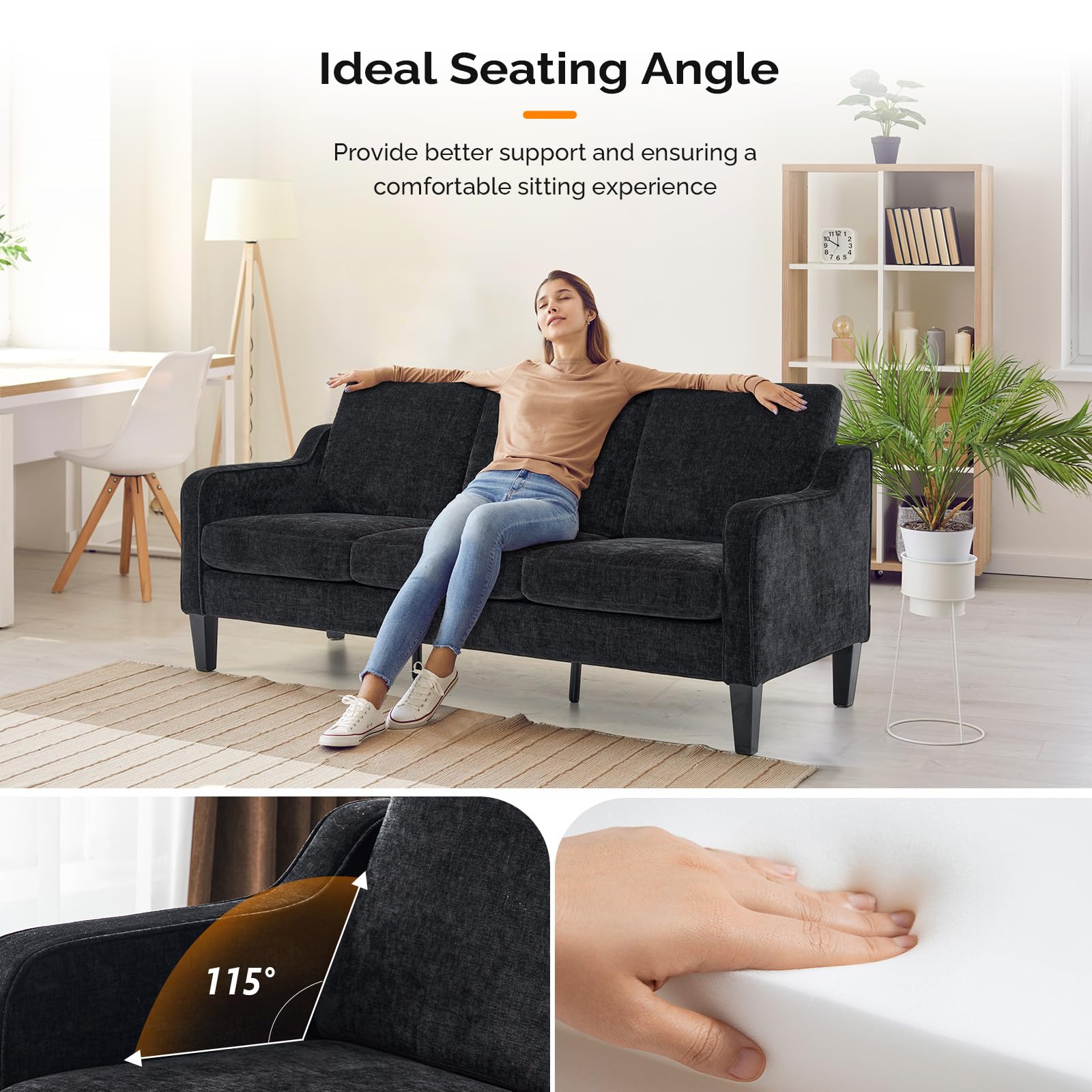 VINGLI Loveseat Sofa Set for Living Room, Mid-Century Modern Couch and Love Seat Set,53" Loveseat+71" Small Couch for Bedroom Sofa Furniture for Small Spaces Apartment (Black)