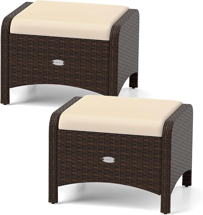 Outdoor PE Rattan Ottoman Set of 2 with Cushions