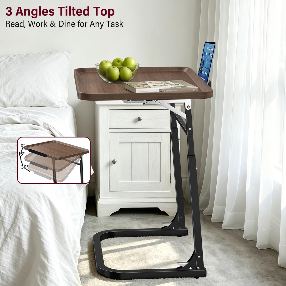MLZLLL Heavy Duty C-Shaped End Table, Raised Edge Snack Table, Height & Tilt Adjustable TV Tray Table, Easy to Install, TV Dinner Tray Table for Couch, Bed, Work & Eating, Foldable & Easy Storage