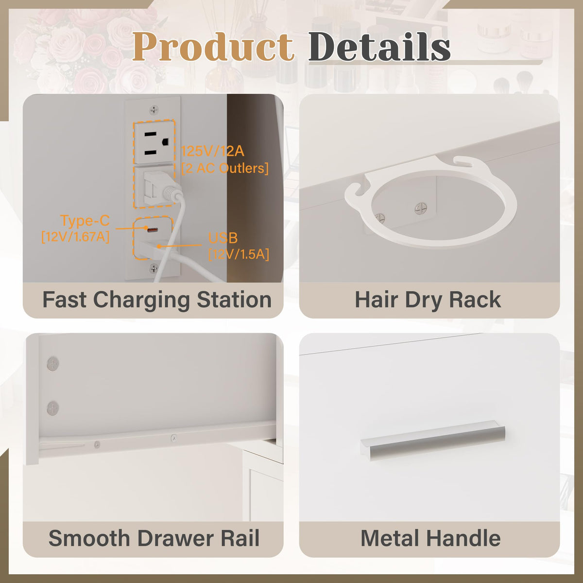 Lighted Makeup Vanity with Charging Station