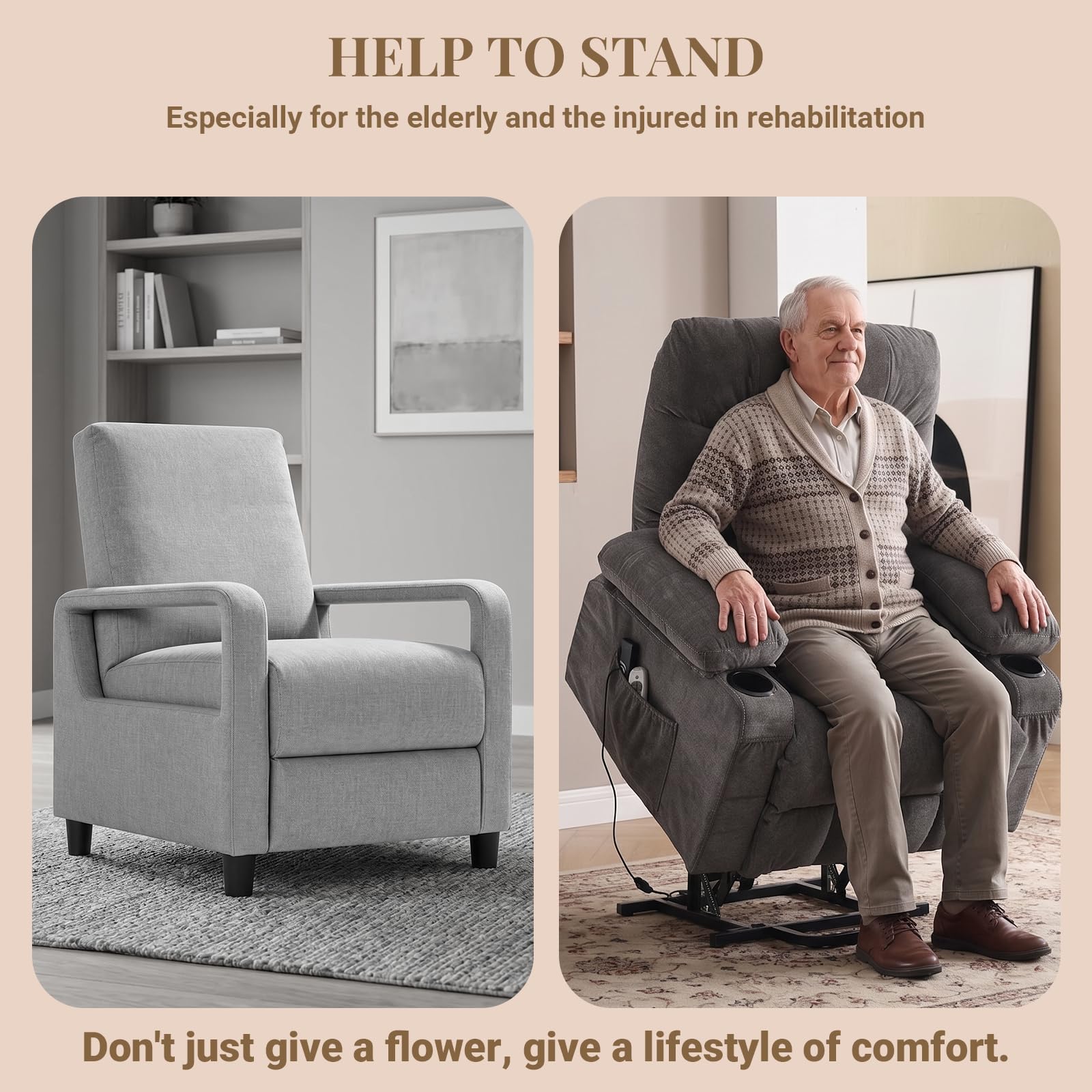 Power Lift Recliner Chair for Elderly with Lumbar Heat and Vibration Massage, Electric Lift Recliner Chair with Remote Control and USB Port,4 Storage Pockets & 2 Cup Holders for Living Room - Grey