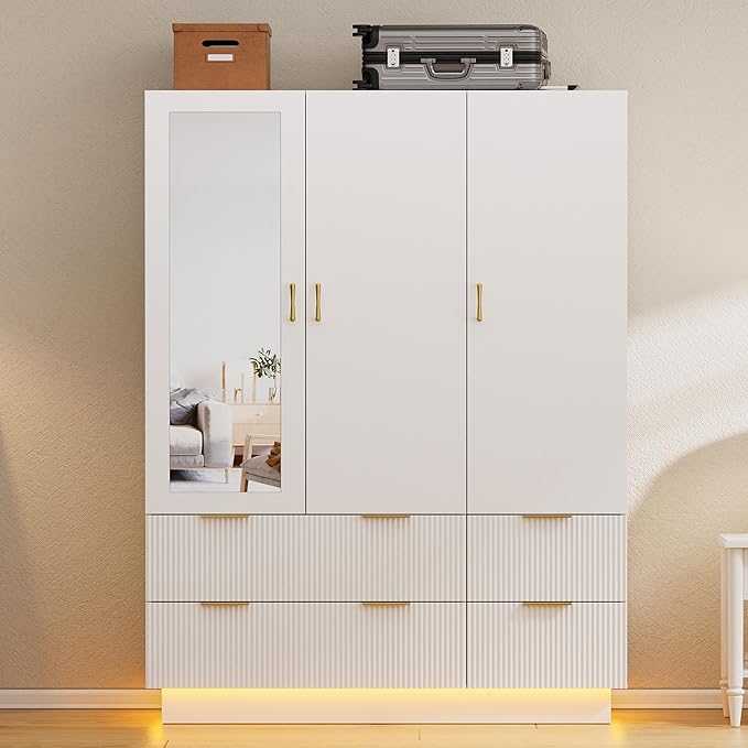 Large Wardrobe Closet with Mirror, LED Lights & Drawers