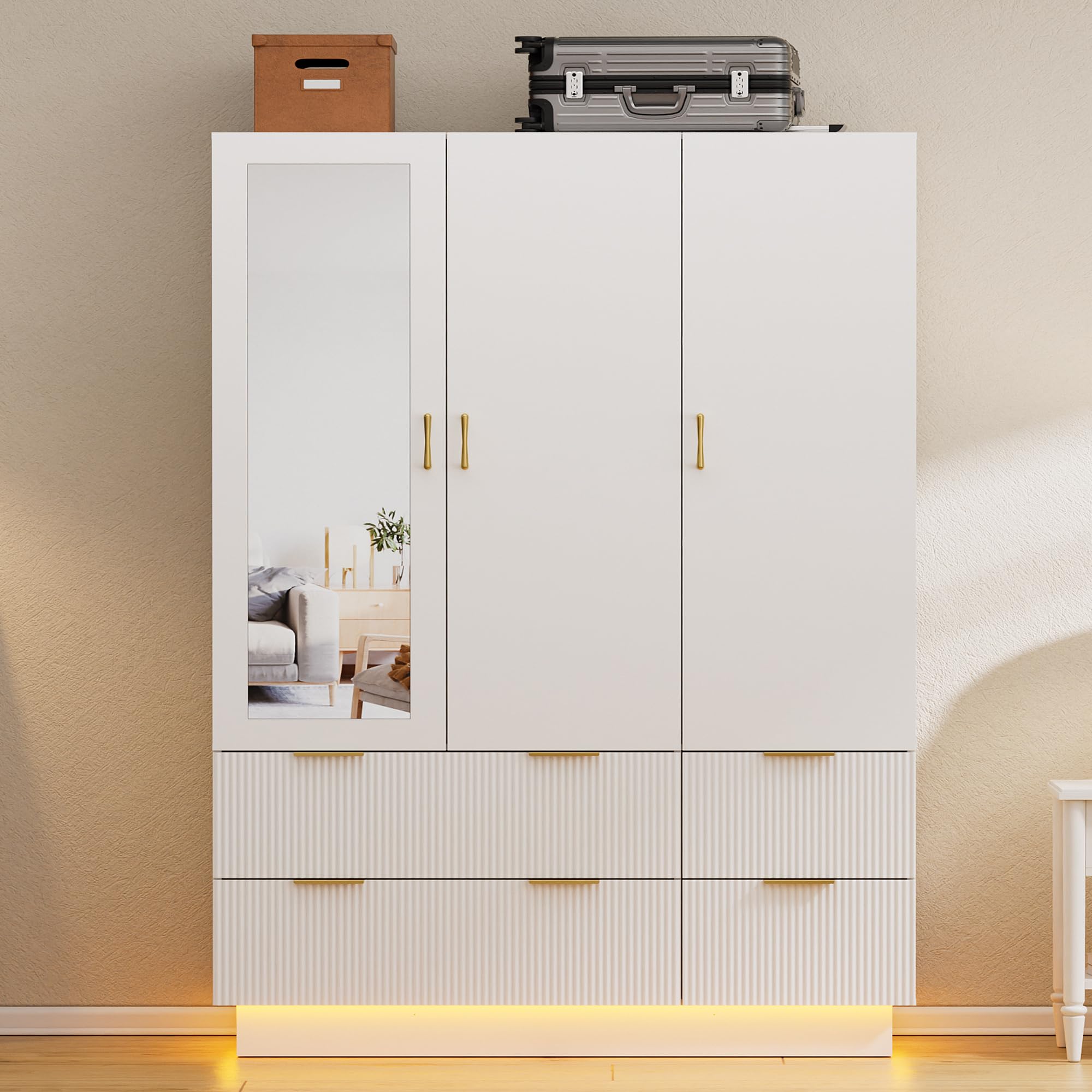 3-Door Wardrobe Closet with Mirror & LED Lights