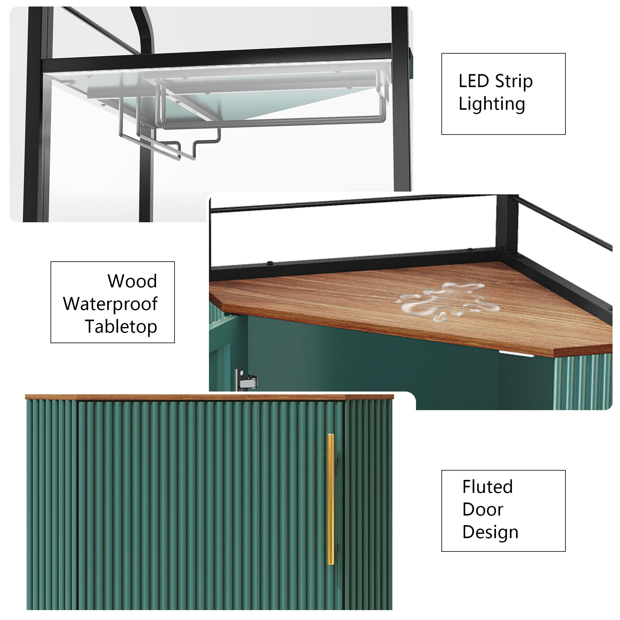 ARTPOWER Corner Bar Cabinet with LED Strip, 4-Tiers Modern Corner Coffee Bar with Glass Holder, Fluted Tall Liquor Cabinet for Kitchen, Dining Room, Living Room, Green
