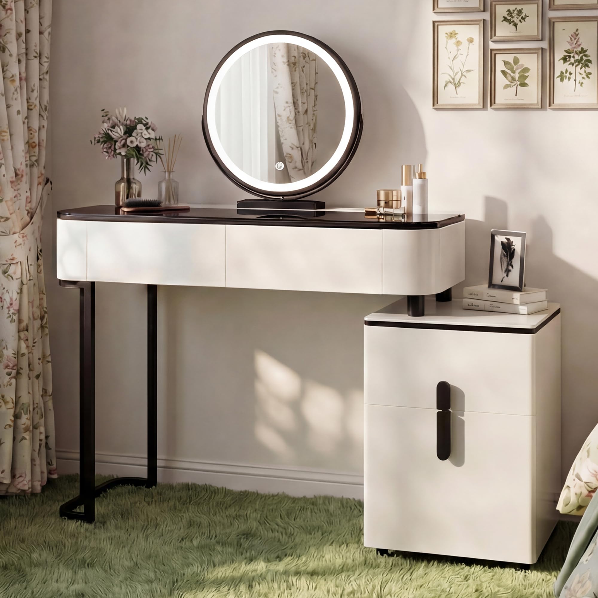 Furnistar White Vanity Desk with Mirror and Lights | Small Vanity with Black Glass Top and 4 Drawers | Modern Makeup Vanity and Reversible Adjustable Side Cabinet (39.37"–51.2") for Bedroom