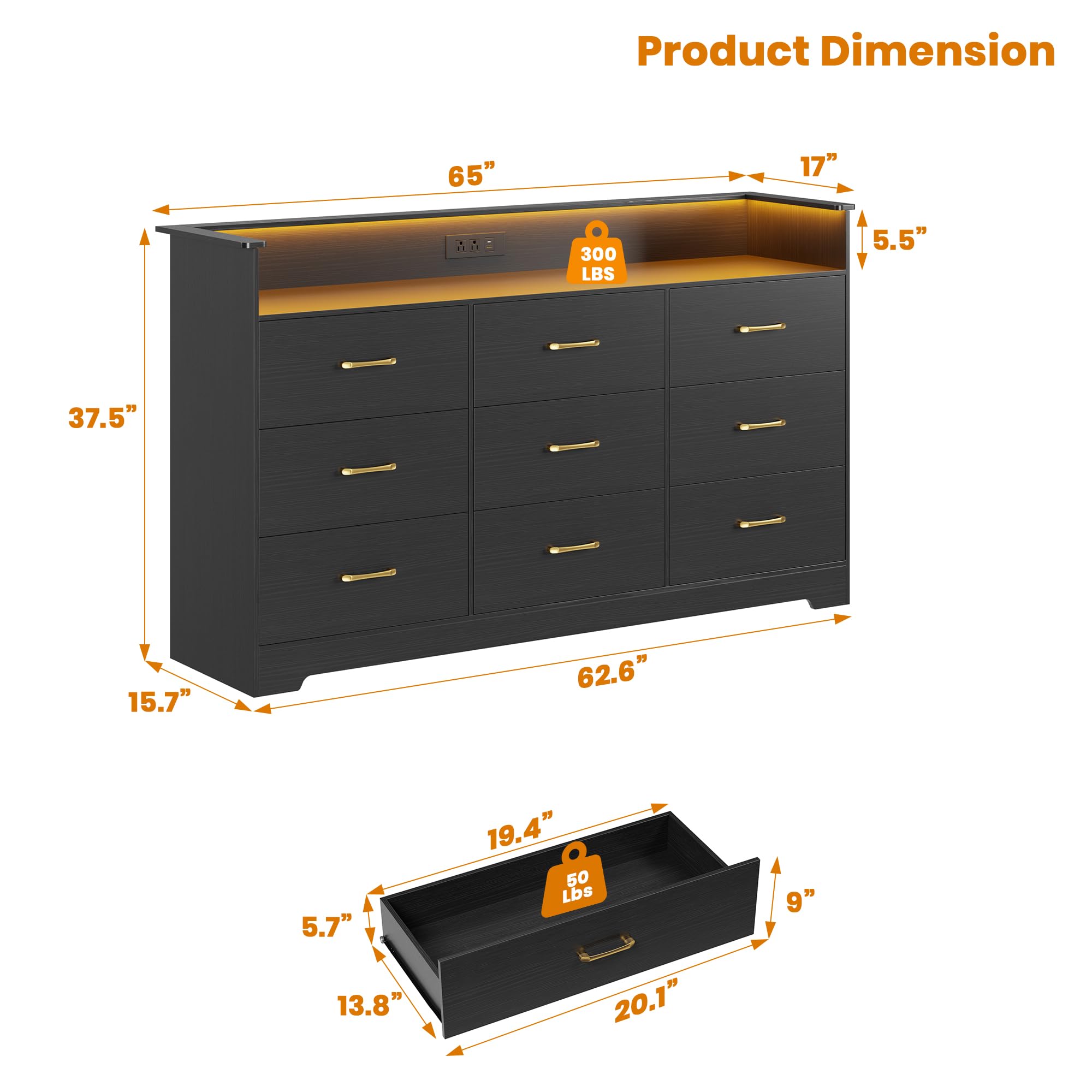 9-Drawer Dresser with LED Light & Charging Station