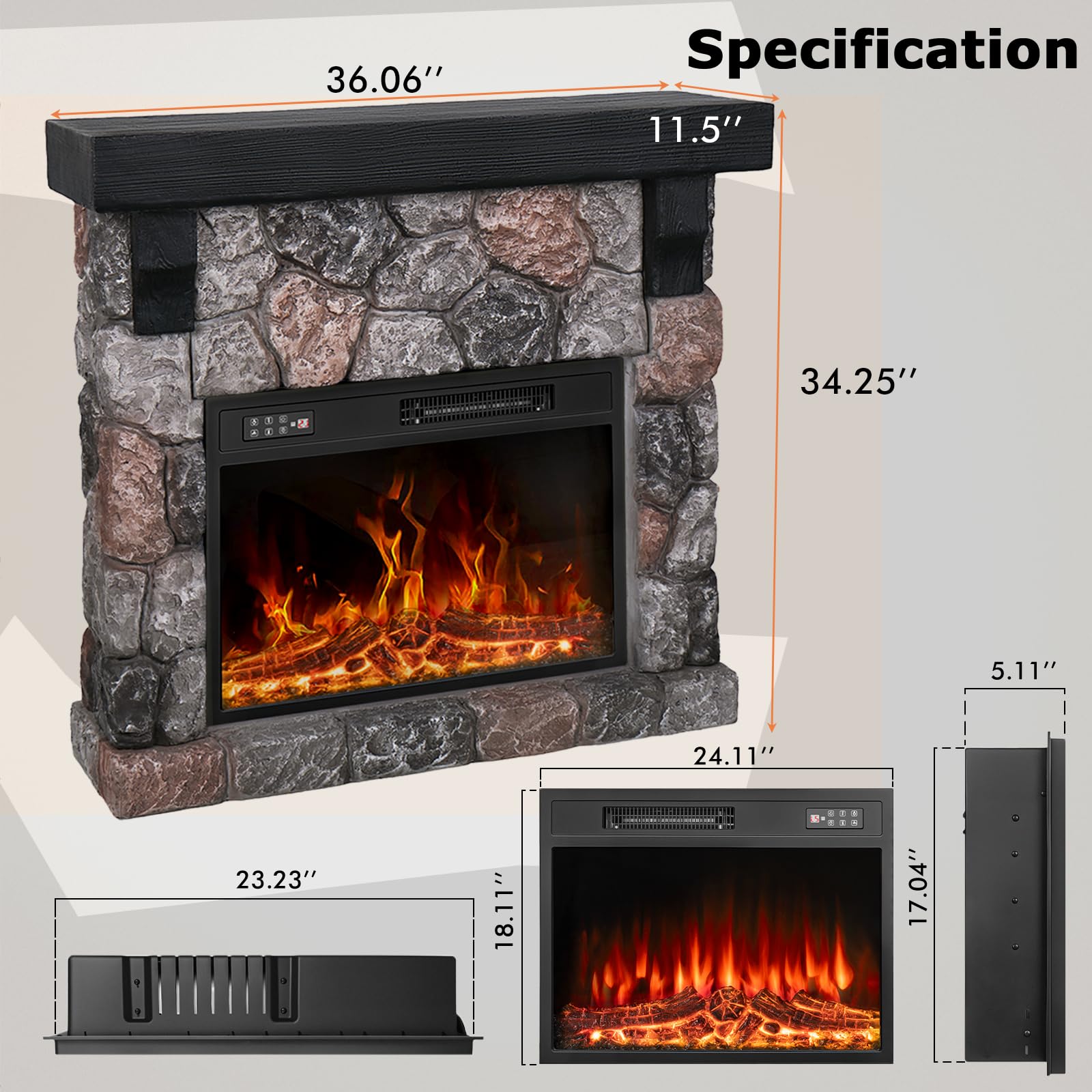 PUKAMI Electric Fireplace with Mantel, Freestanding Stone Fireplace Heater TV Stand with Remote Control, Realistic Flame Effect and 3D Log, 750W/1500W (36 inch)