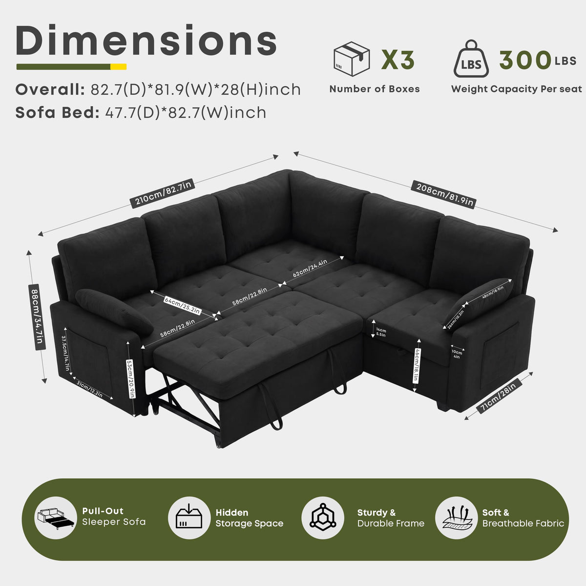 Huatean Home 82" Pull Out Couch with Storage, Sleeper Sofa, 5 Seat L Shaped Sectional Couches for Living Room, Modular Sectional Couch with Removable Covers, Black