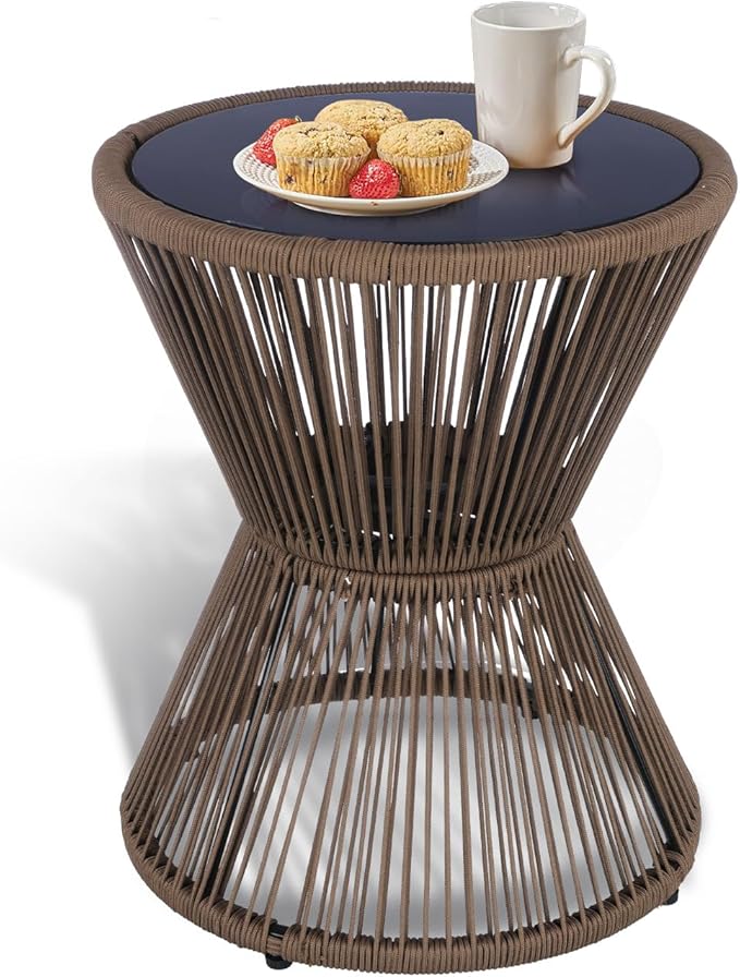 Woven Rope Outdoor Side Table with Glass Top