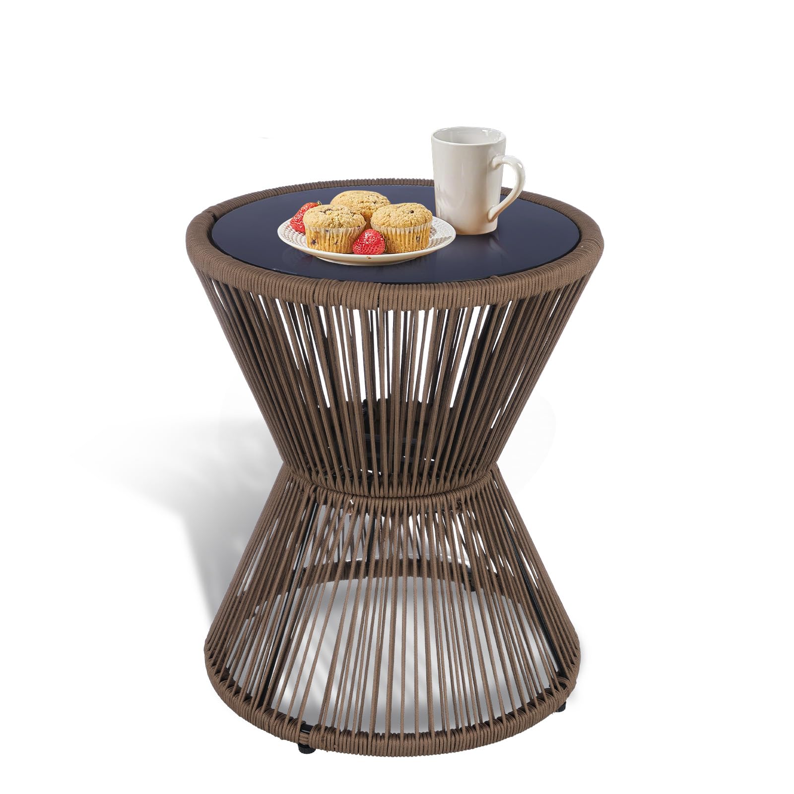 Woven Rope Round Side Table with Glass Top