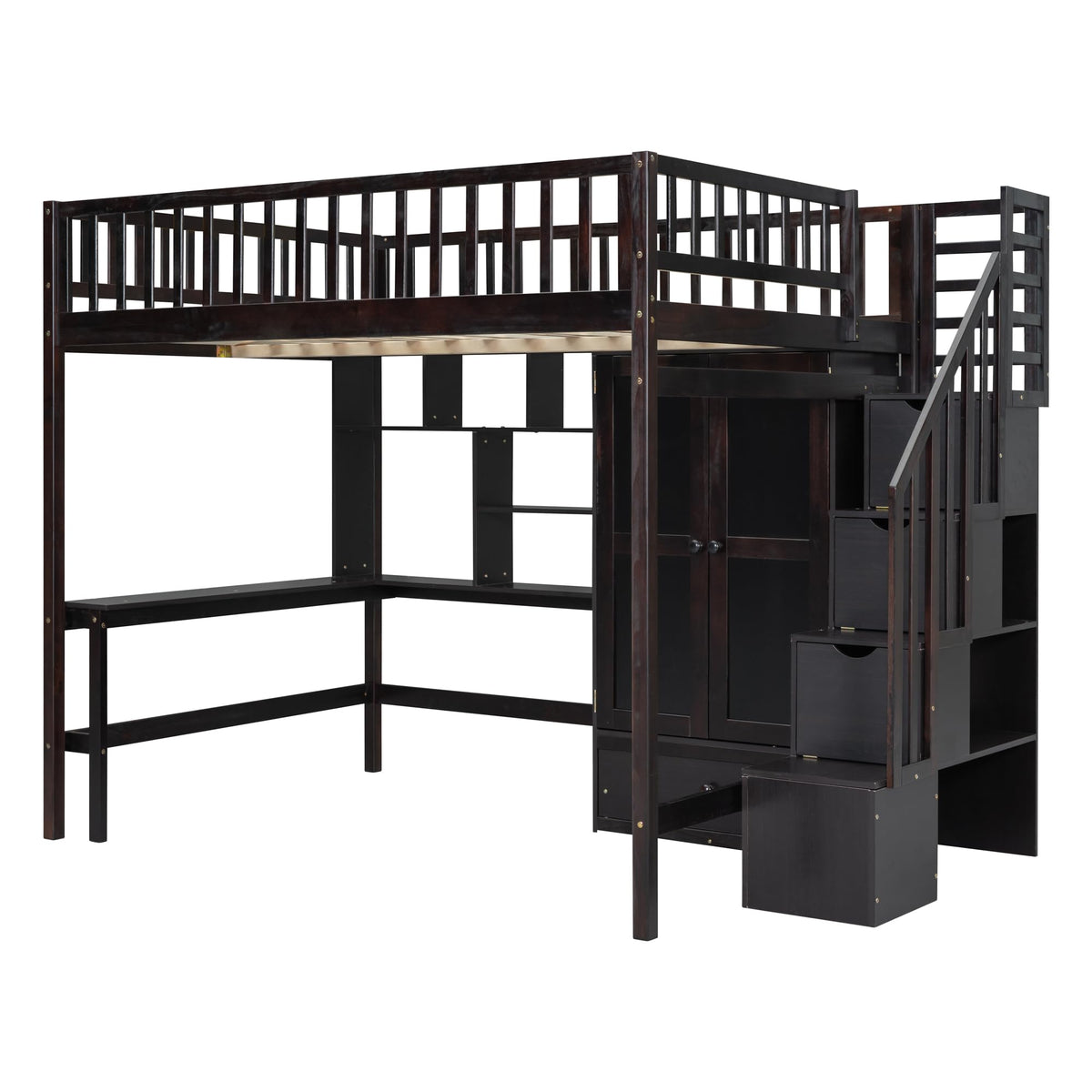 Full Size Loft Beds Stairway Loft Bed Frame with Wardrobe, Desk, Bookcase and Drawers, Espresso