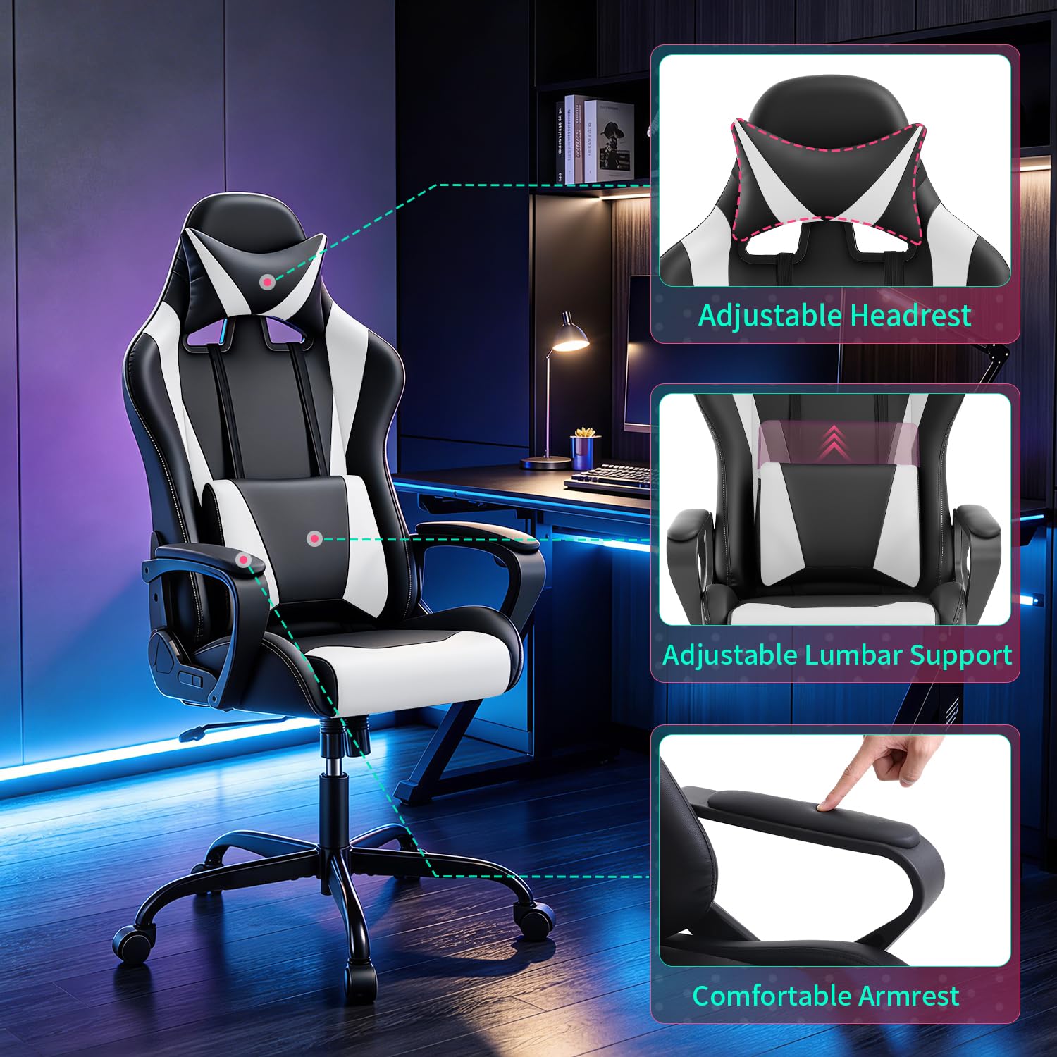 FDW Gaming Chair PU Leather Computer Chair Executive Headrest Lumbar Support Ergonomic Racing Desk Chair with Armrests 360° Swivel & Caster Five Star Metal Base for Office or Gaming