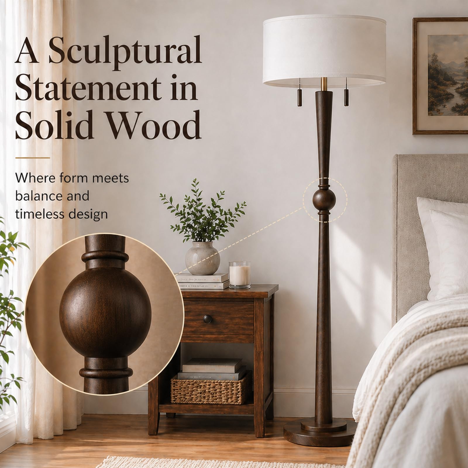 MOFFE 62.8" Solid Oak Wood Floor Lamp, Tall Standing Lamp with 2-Light Pull Chains, 17" White Linen Drum Shade, Sculptural Wood Base & Stem, Includes 2 LED Bulbs for Living Room, Bedroom, Office
