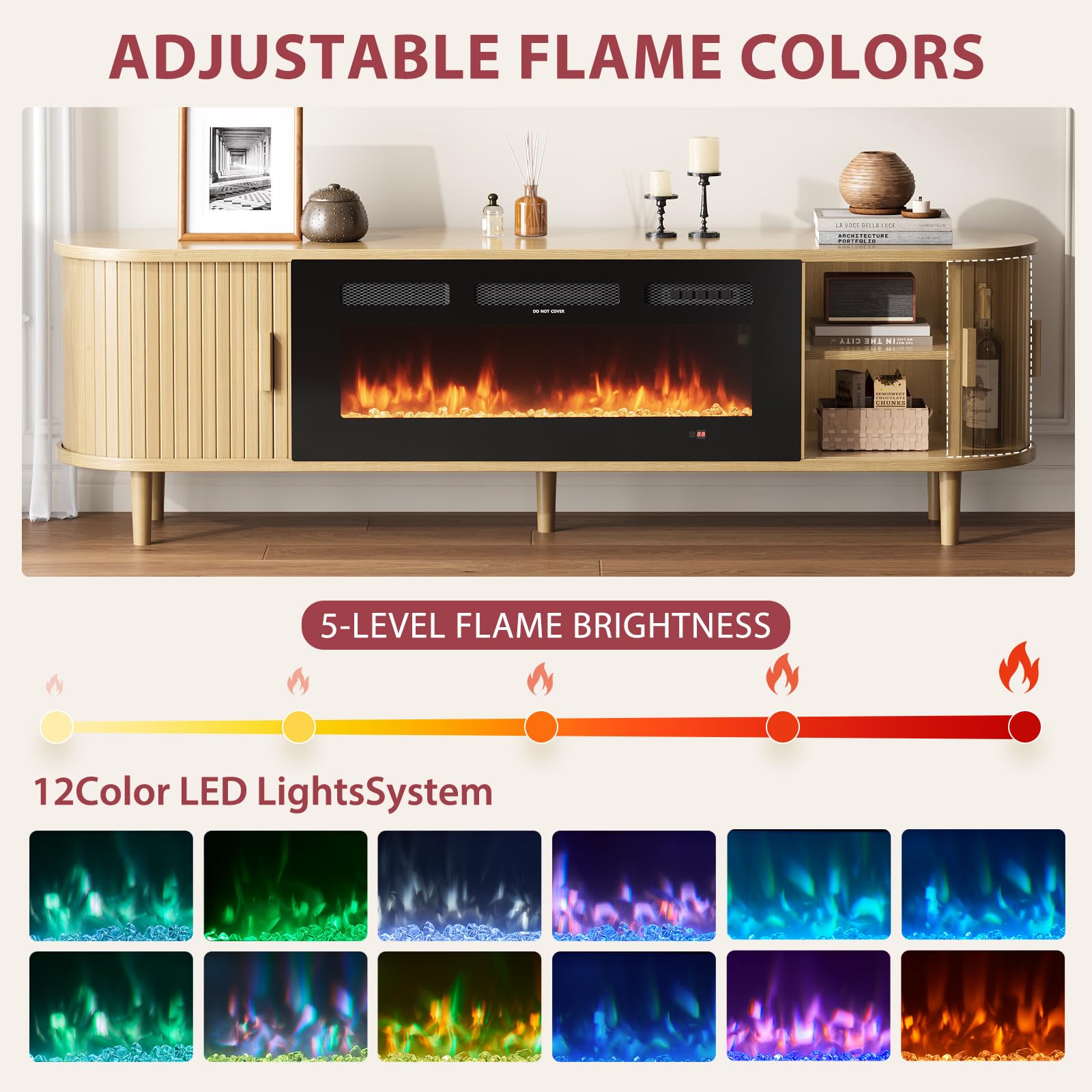 70" Fluted Fireplace TV Stand with Sliding Door