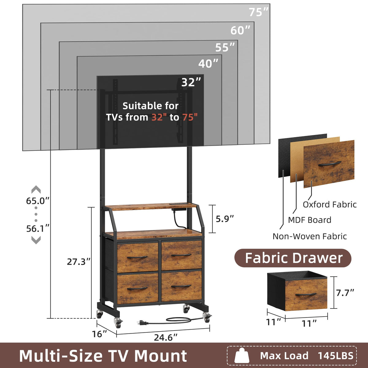 Rolling TV Stand with Mount & Drawers
