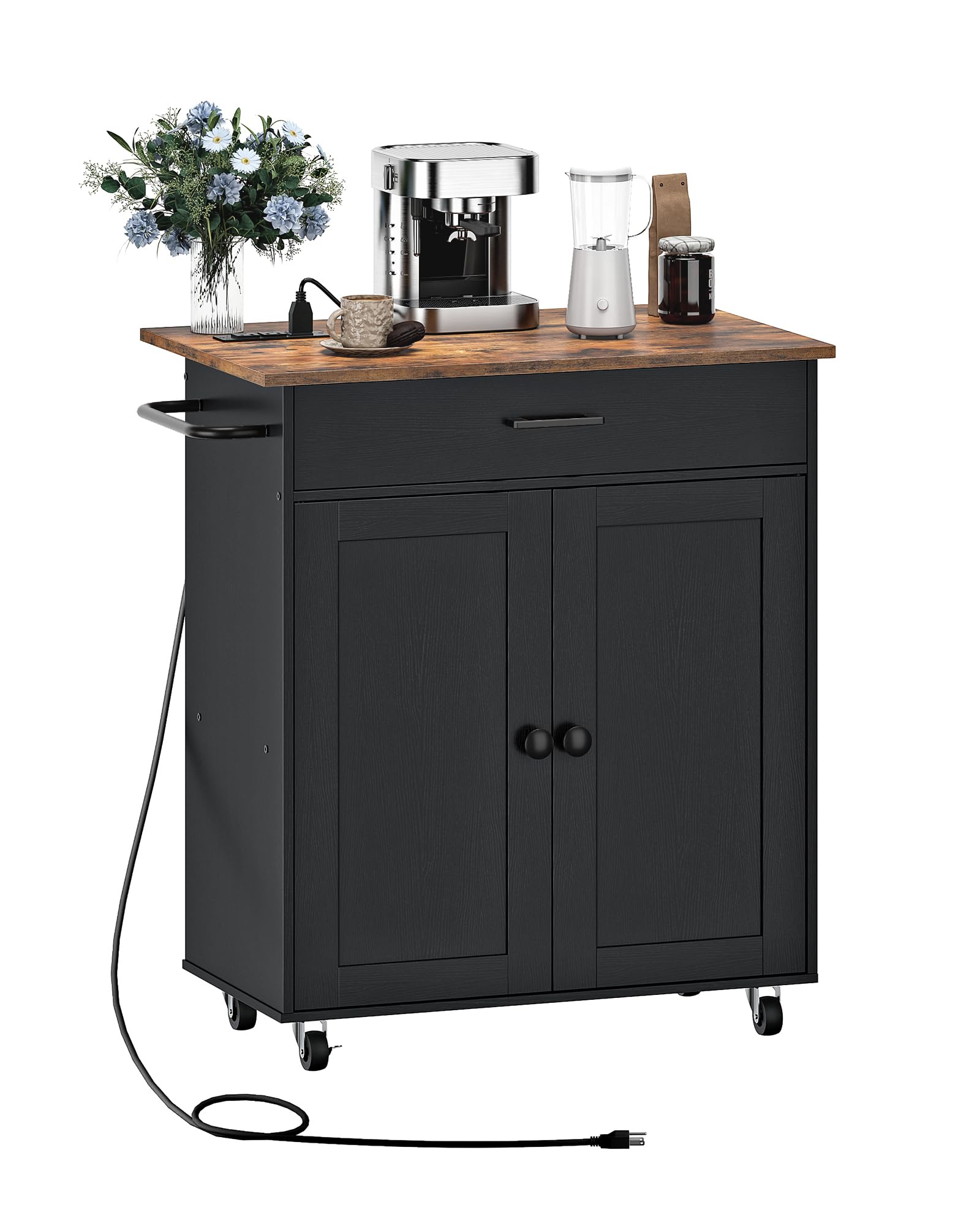 Kitchen Island Cart with Drop Leaf, Power Strip, Cabinet & Drawer