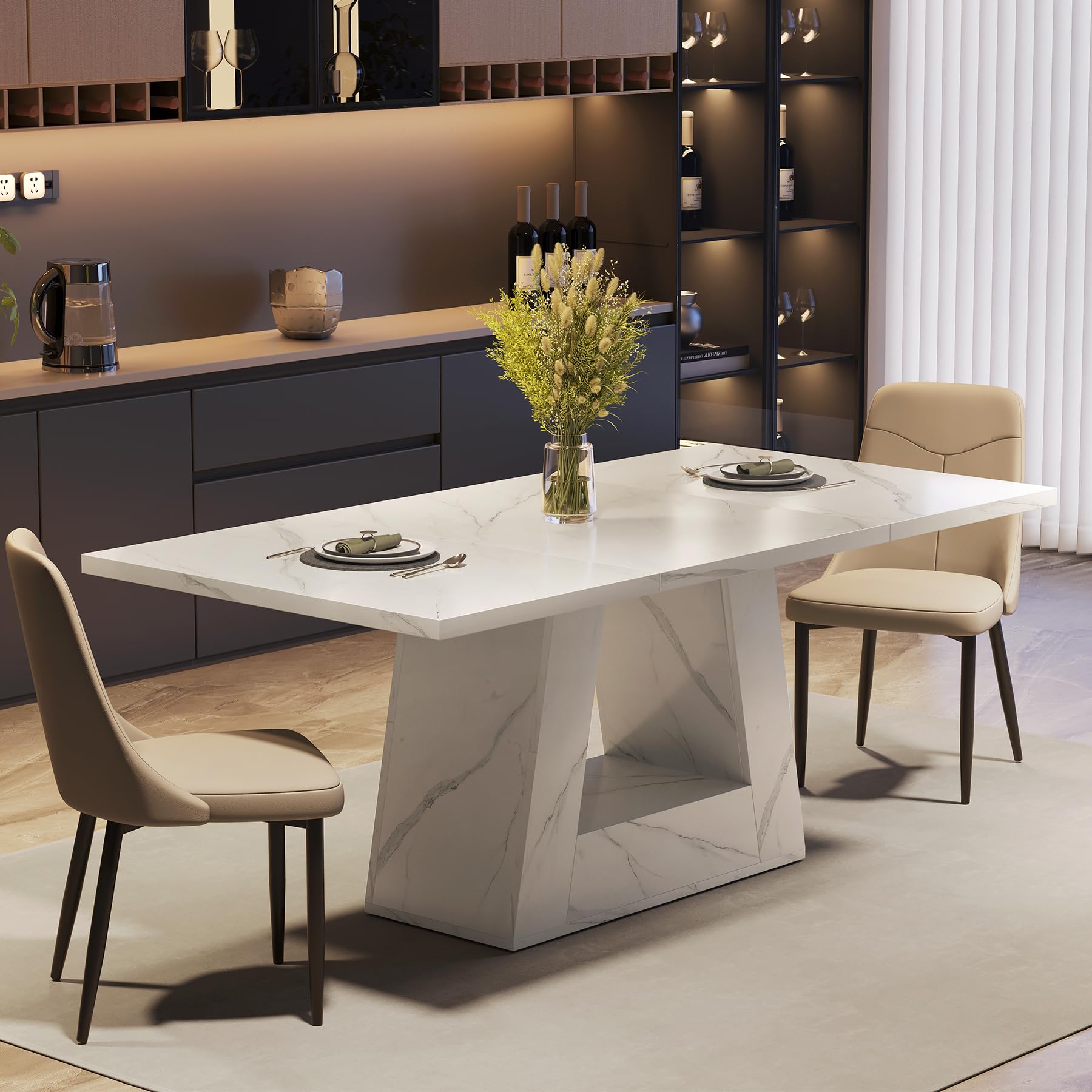 63" Rectangle Dining Table | Faux Marble Top | Triangle Pedestal Base