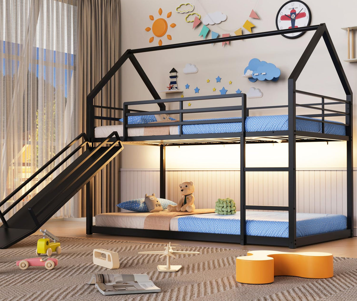 Twin Bunk Bed with Slide & LED Lights