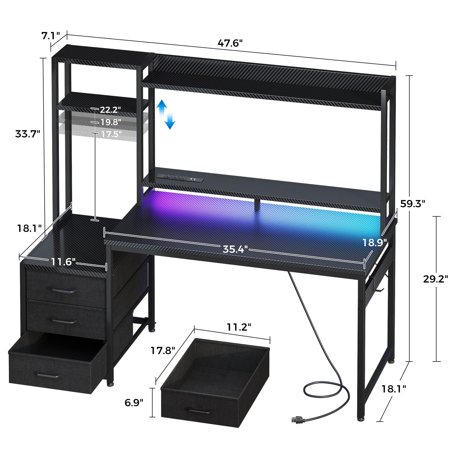 Casaottima 48 Inch Gaming Desk with Hutch & 3 Fabric Drawers, Computer Desk with USB Ports & LED Lights, Reversible Pc Gamer Table with Monitor Stand for Home Office, Carbon Fiber Black