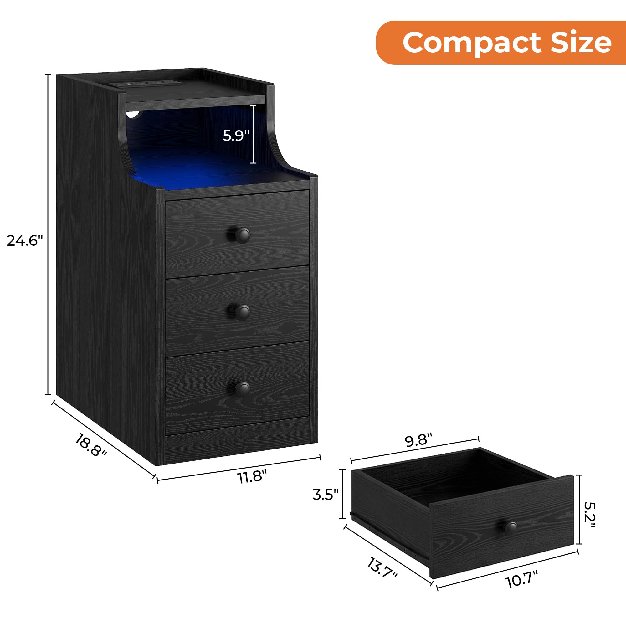 Nightstand with Charging Station, RGB LED Lights & 3 Drawers