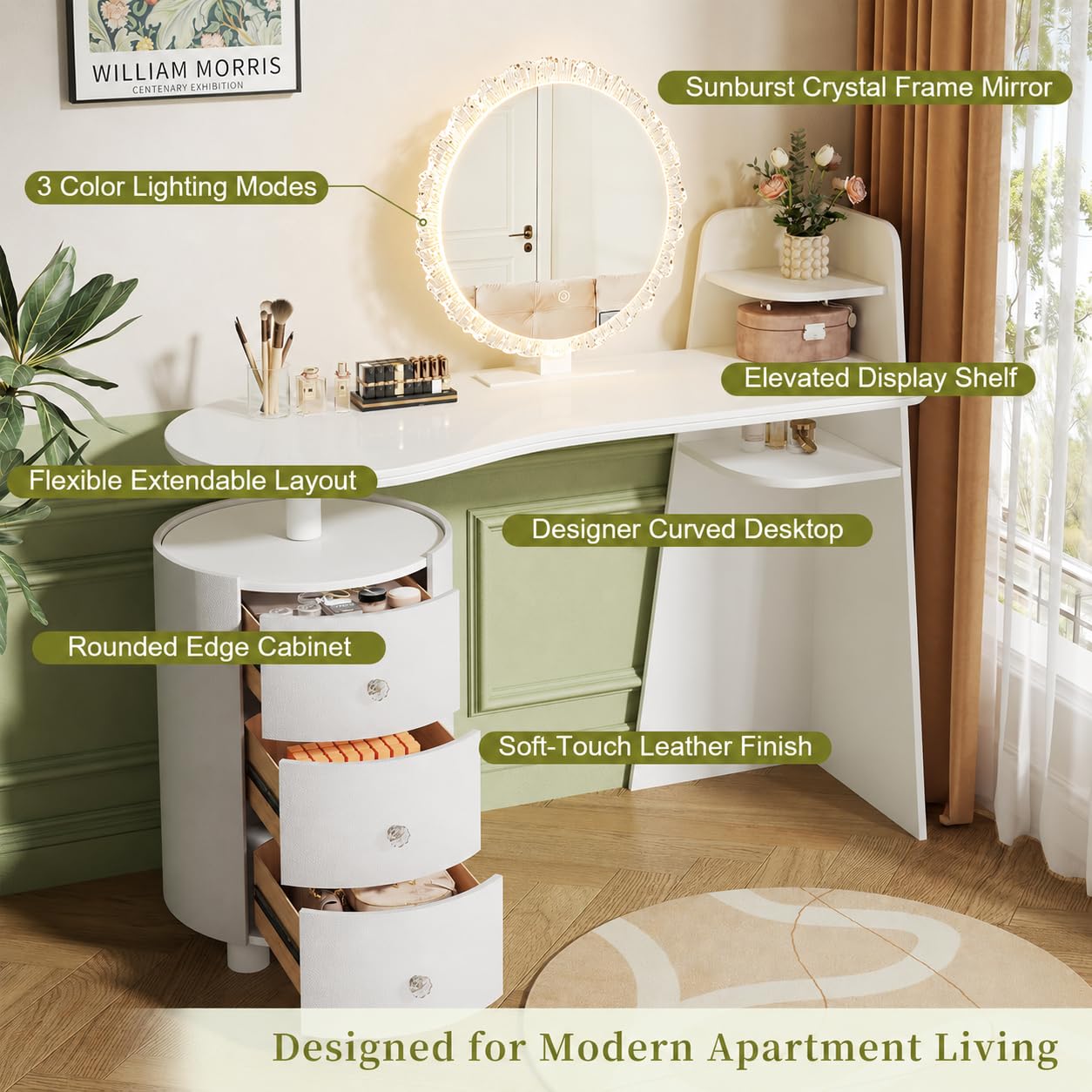 Furnistar White Vanity Desk with Mirror and Lights, Adjustable Make up Vanity with 3 Drawers, Modern Makeup Table with Curved Desktop and Shelf for Bedroom