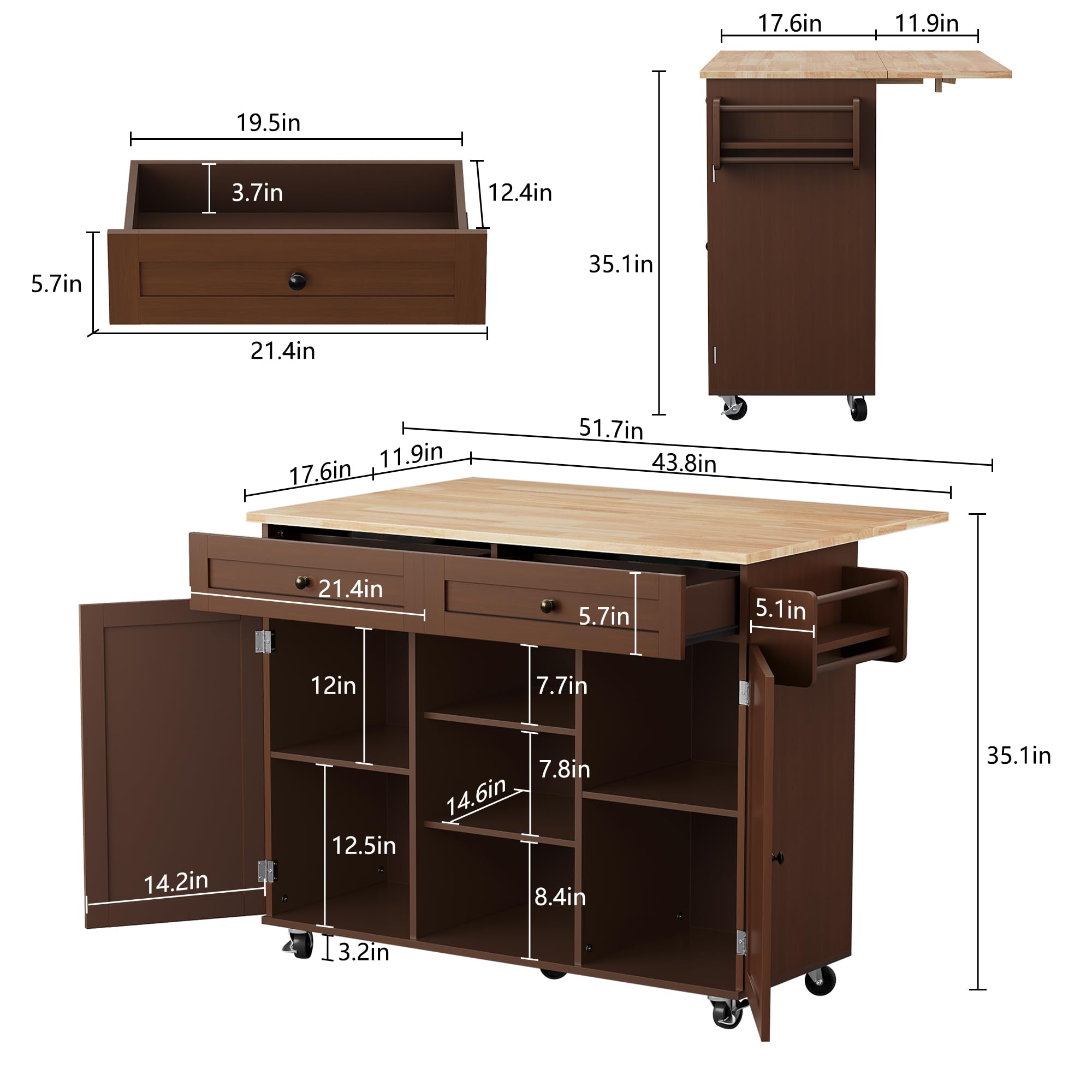 MROJISC Kitchen Island Cart with Storage, Rolling Kitchen Island On Wheels with Solid Wood Drop Leaf Breakfast Bar, Barn Door Island Table for Kitchen with Spice Rack & Towel Rack, Brown