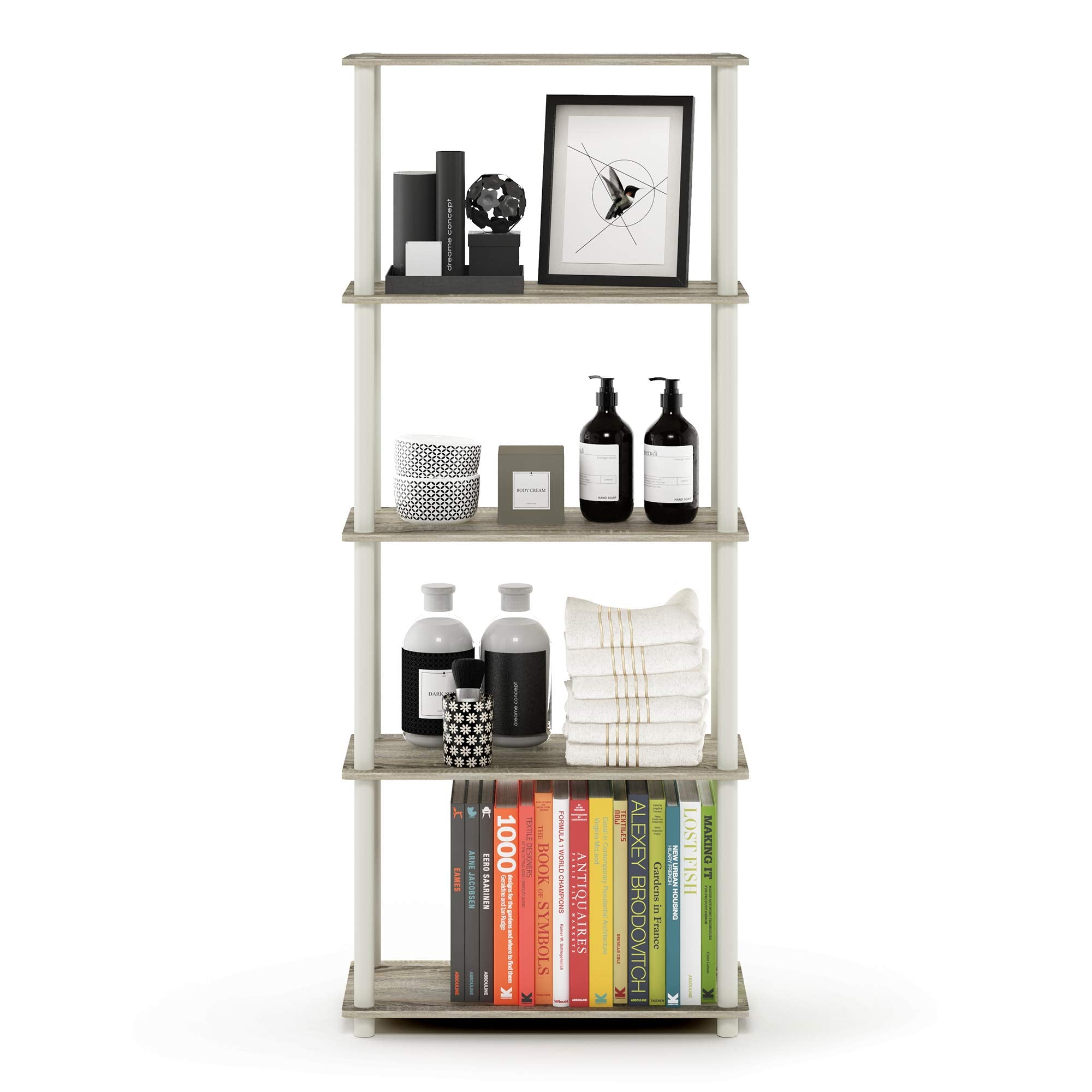 Furinno TURN-N-TUBE Storage Shelves, 5-Tier Book Shelf, Corner Shelf, Toolless Open Shelves, for Organization and Storage, Living Room, Garage, Home Office, Sonoma Oak