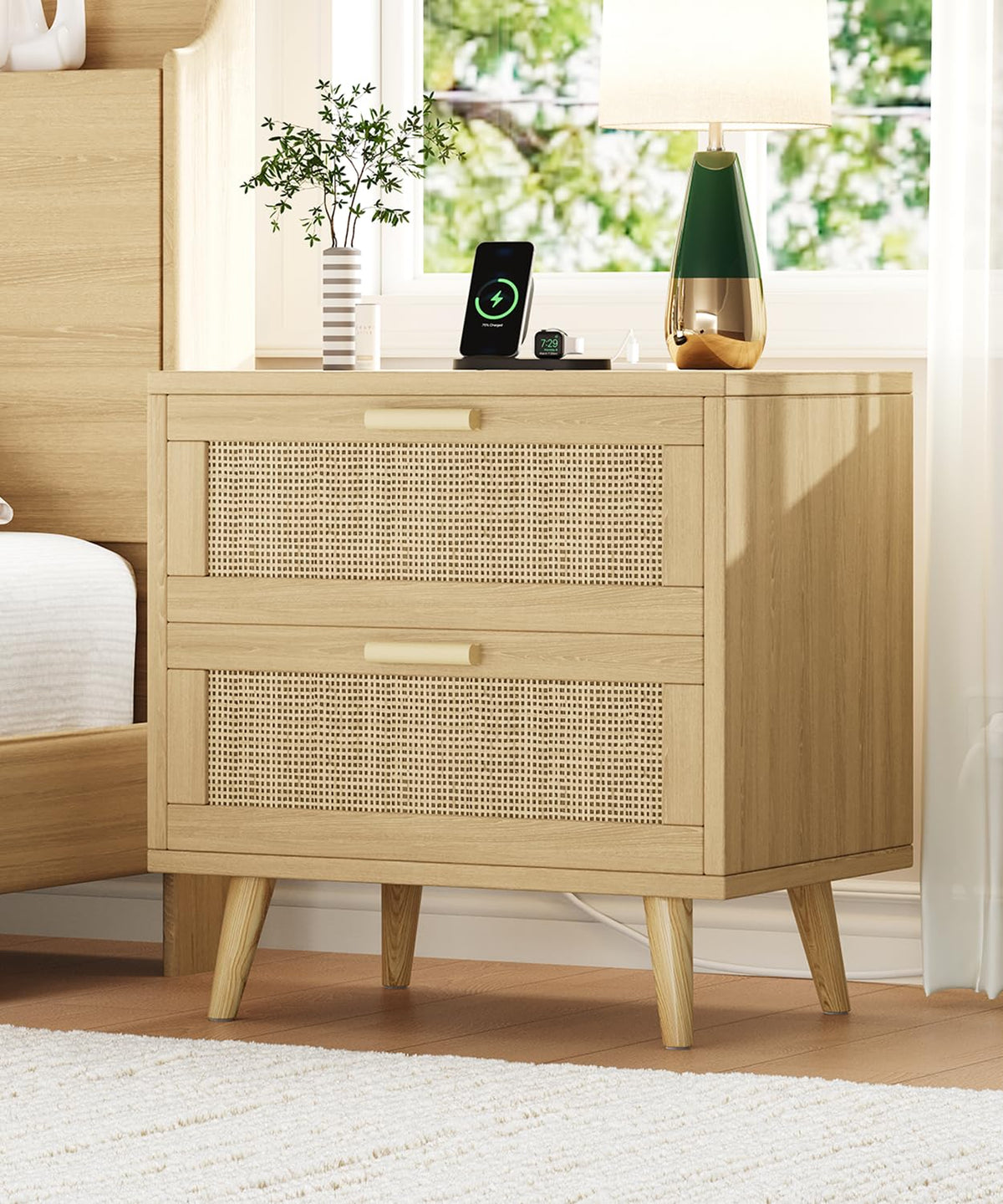 Rattan Nightstand with Charging Station