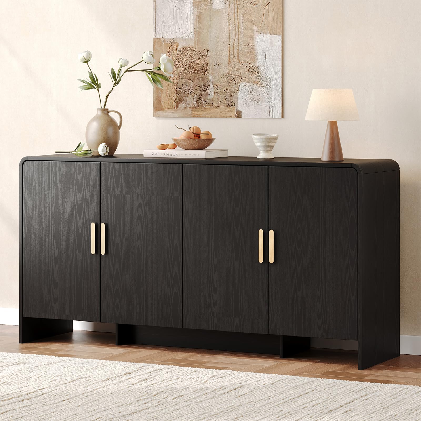 60" Sideboard Buffet Cabinet, Large Curved Design Storage Cabinet with 4 Doors & 2 Adjustable Shelves, Sturdy Build, Easy Assembly, Bar Console Fit for Dining Room/Living Room/Kitchen, Black