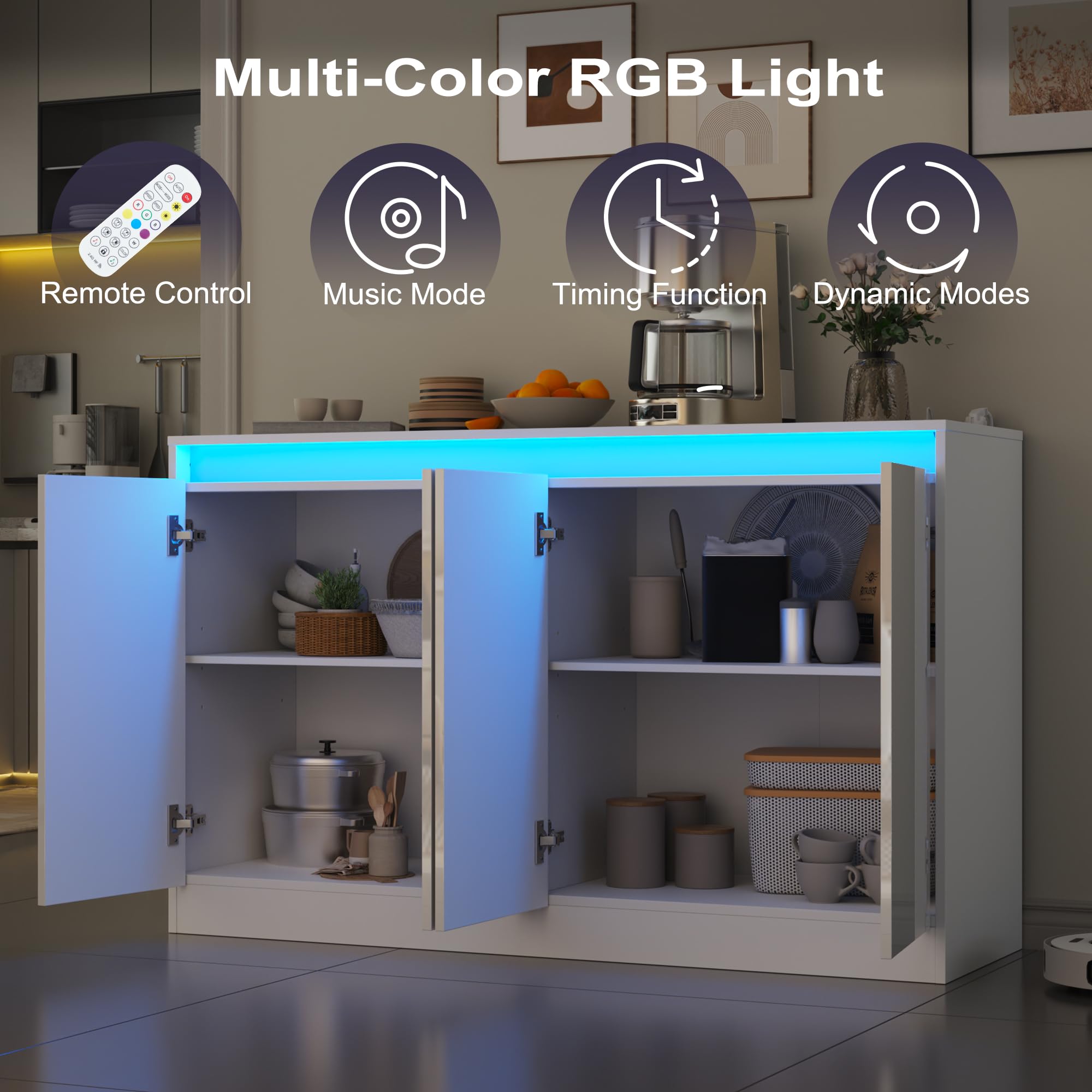 LED Buffet Cabinet with 4 Doors & Charging Station