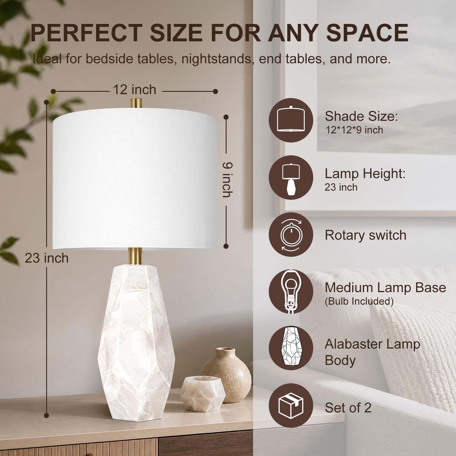 Scenekoy 23" Alabaster Living Room Table Lamp Set of 2 with Night Light, Rotary Switch, Modern Table Lamps with Linen Shade for Bedroom, Living Room, Bedside, Nightstand (Bulb Included)