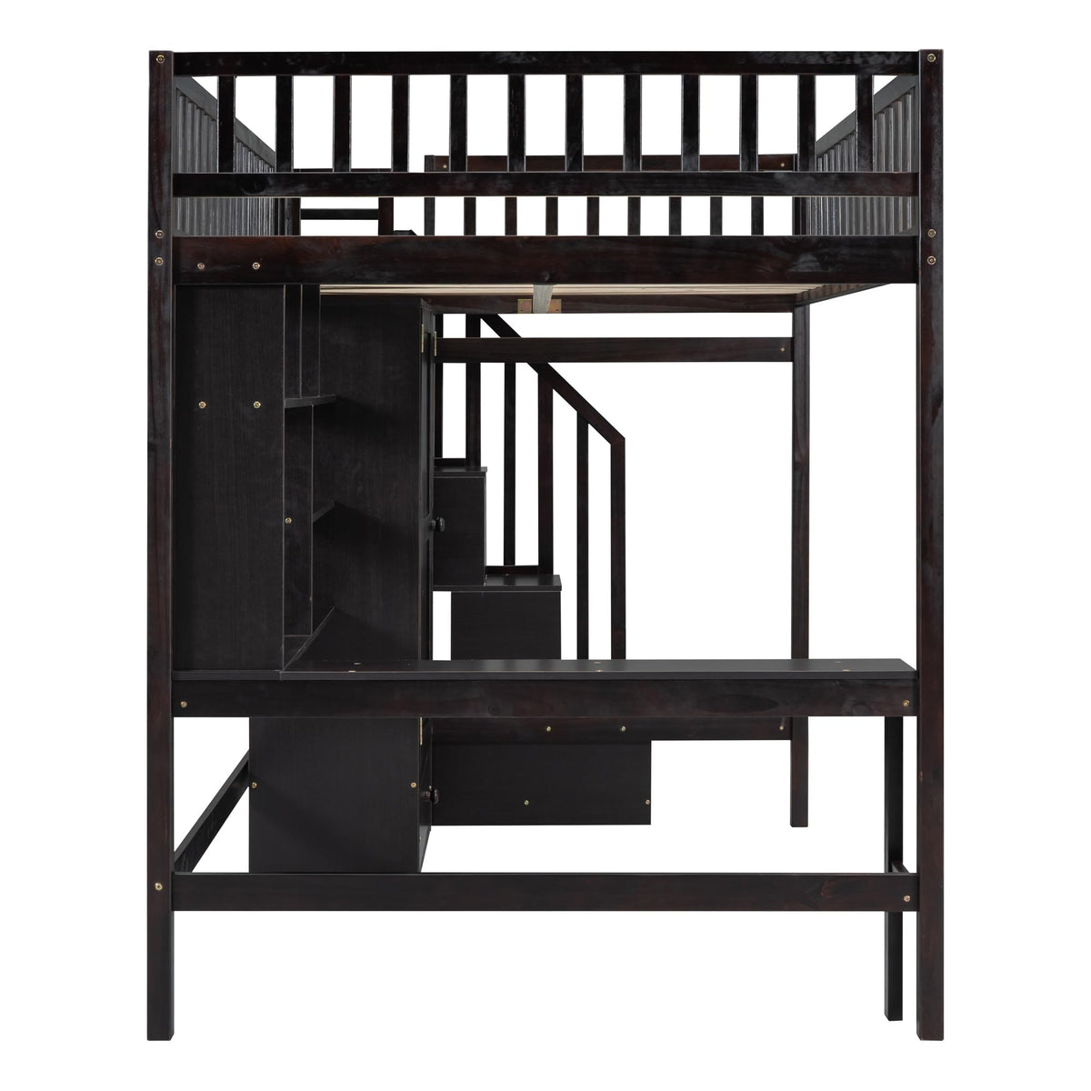 Full Size Loft Beds Stairway Loft Bed Frame with Wardrobe, Desk, Bookcase and Drawers, Espresso