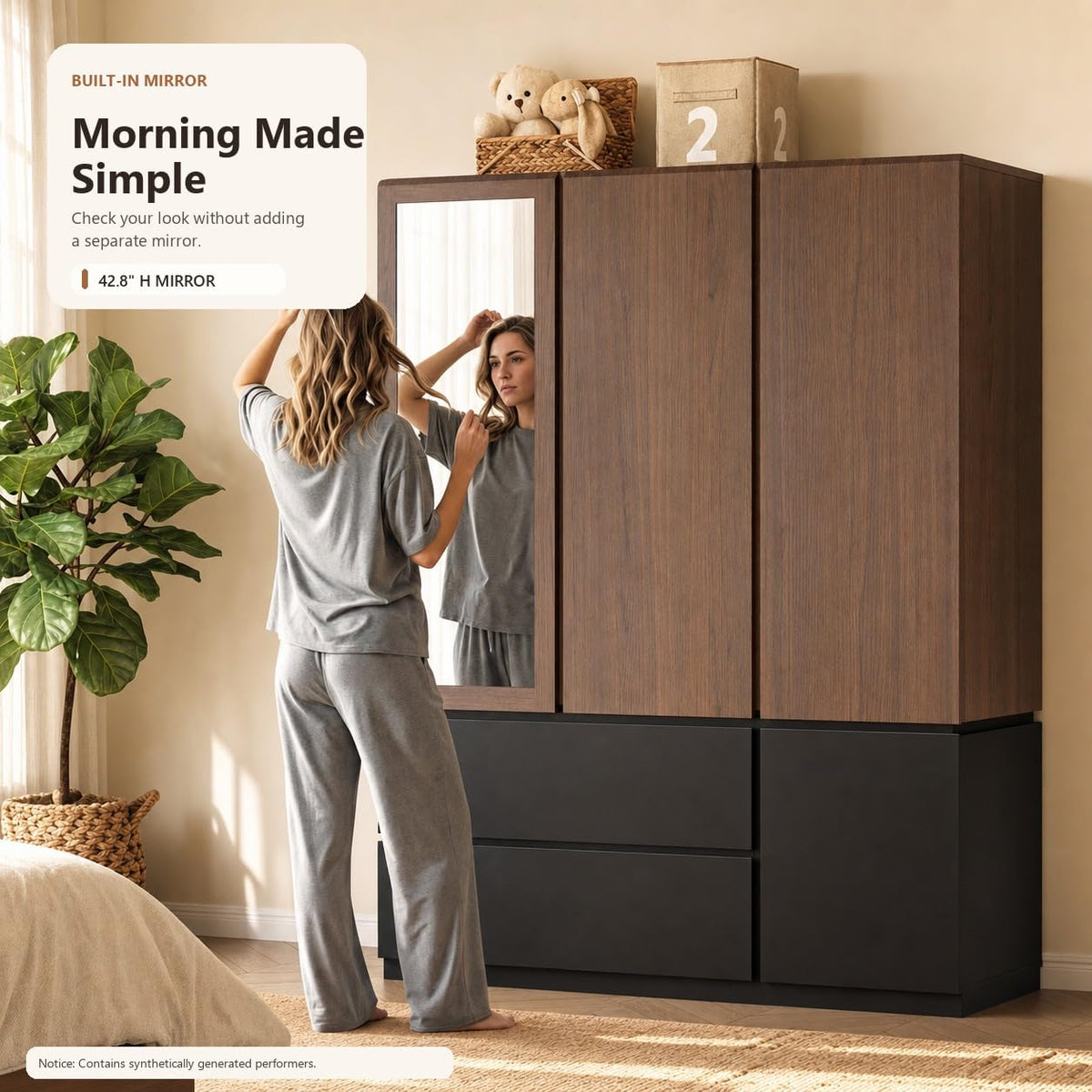 3-Door Mirrored Wardrobe with Drawers