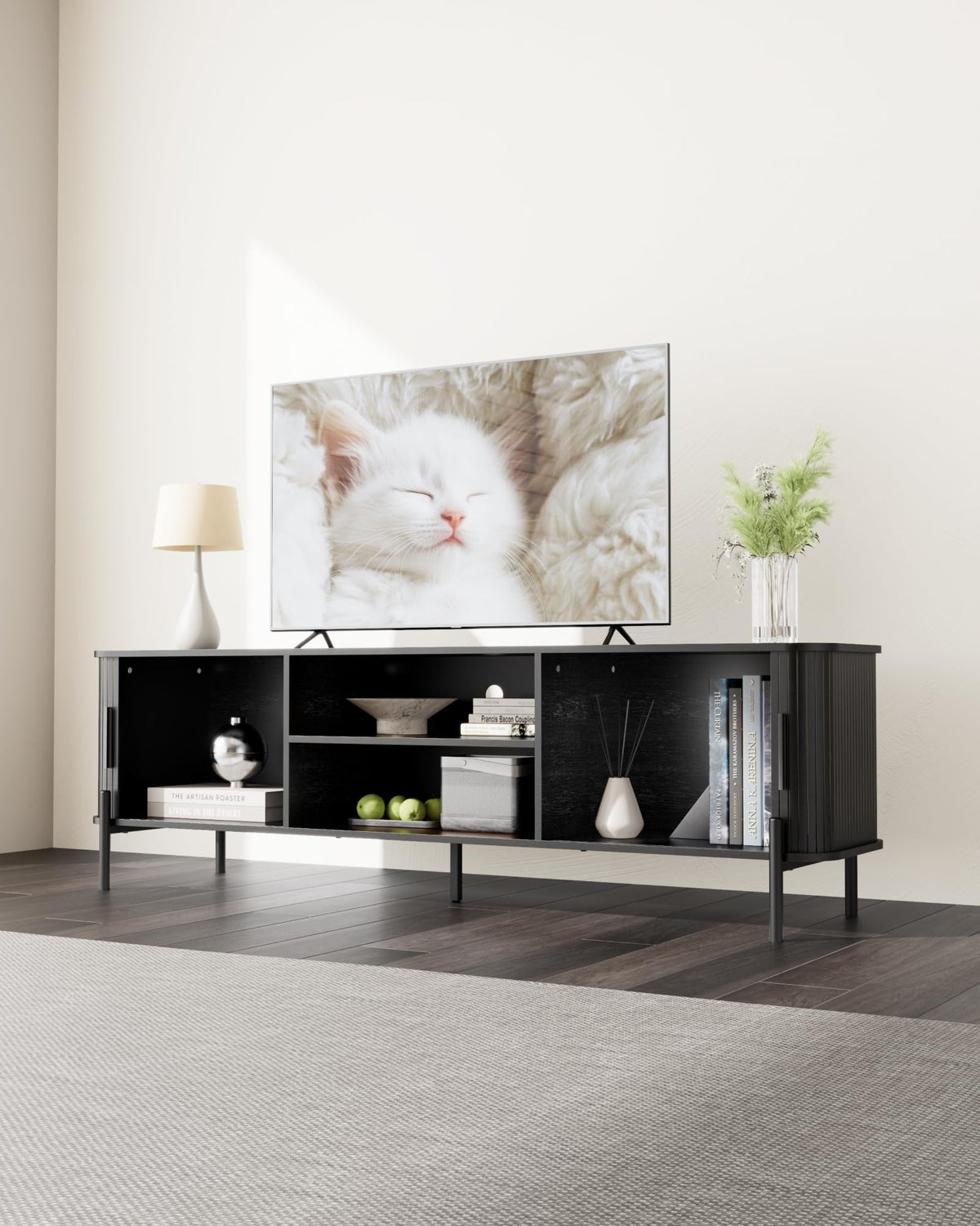 SUNCOZE 70" Mid-Century Fluted TV Stand with Storage up to 80 Inch, Black