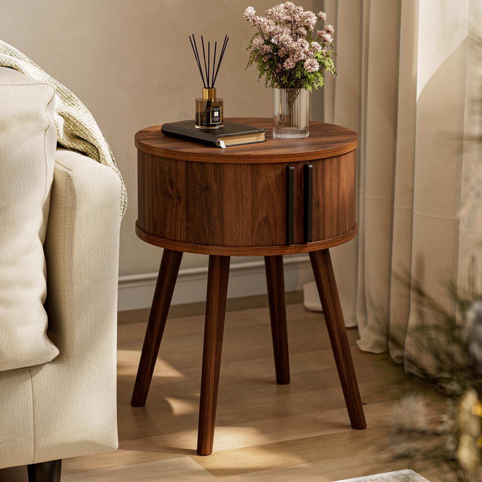 Mid-Century Round Side Table with Sliding Door