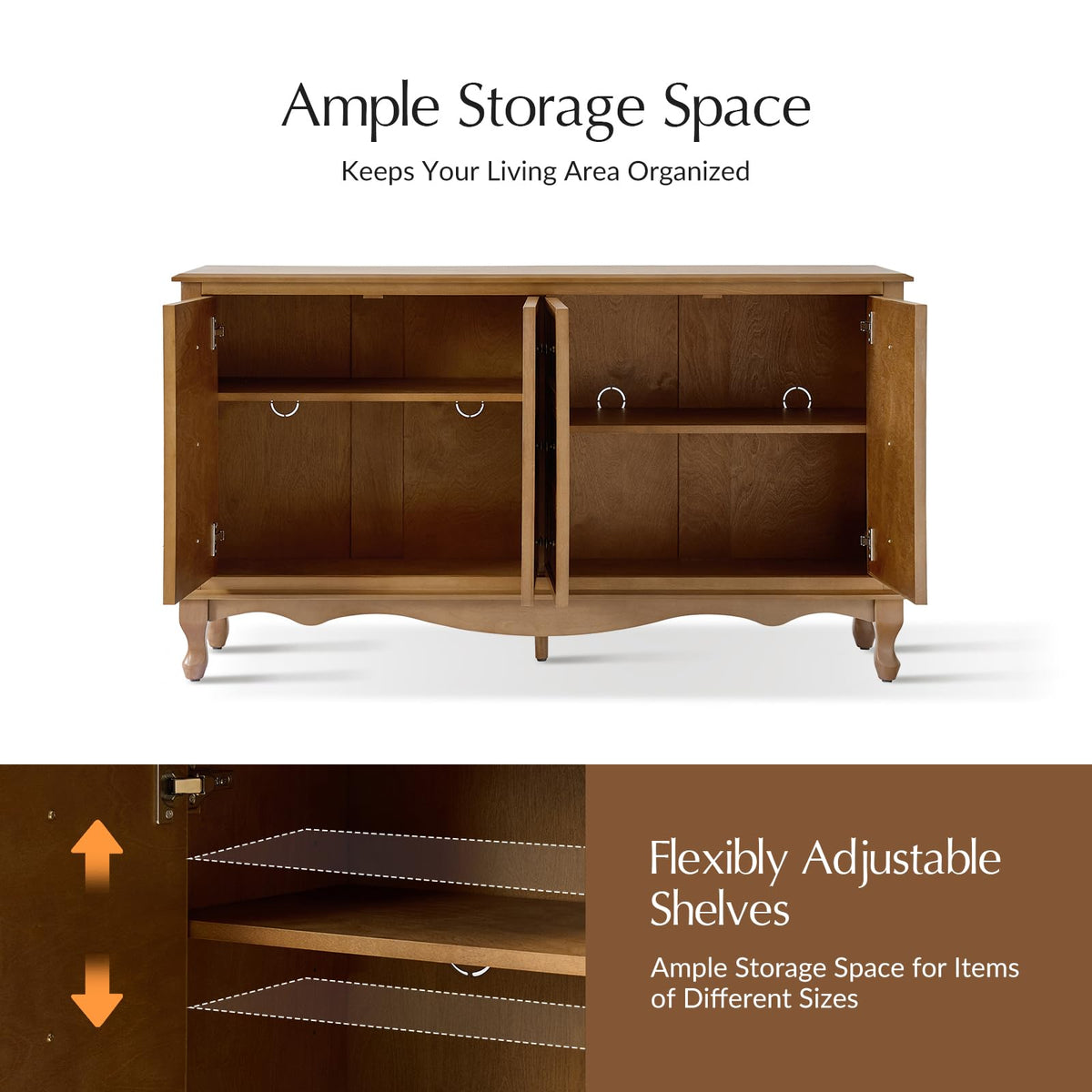 HULALA HOME Transitional Solid Wood Sideboard with Adjustable Shelves, 58" Spacious Storage Sideboard, Versatile Kitchen Buffet Cabinet with Solid Wood Legs, Acorn