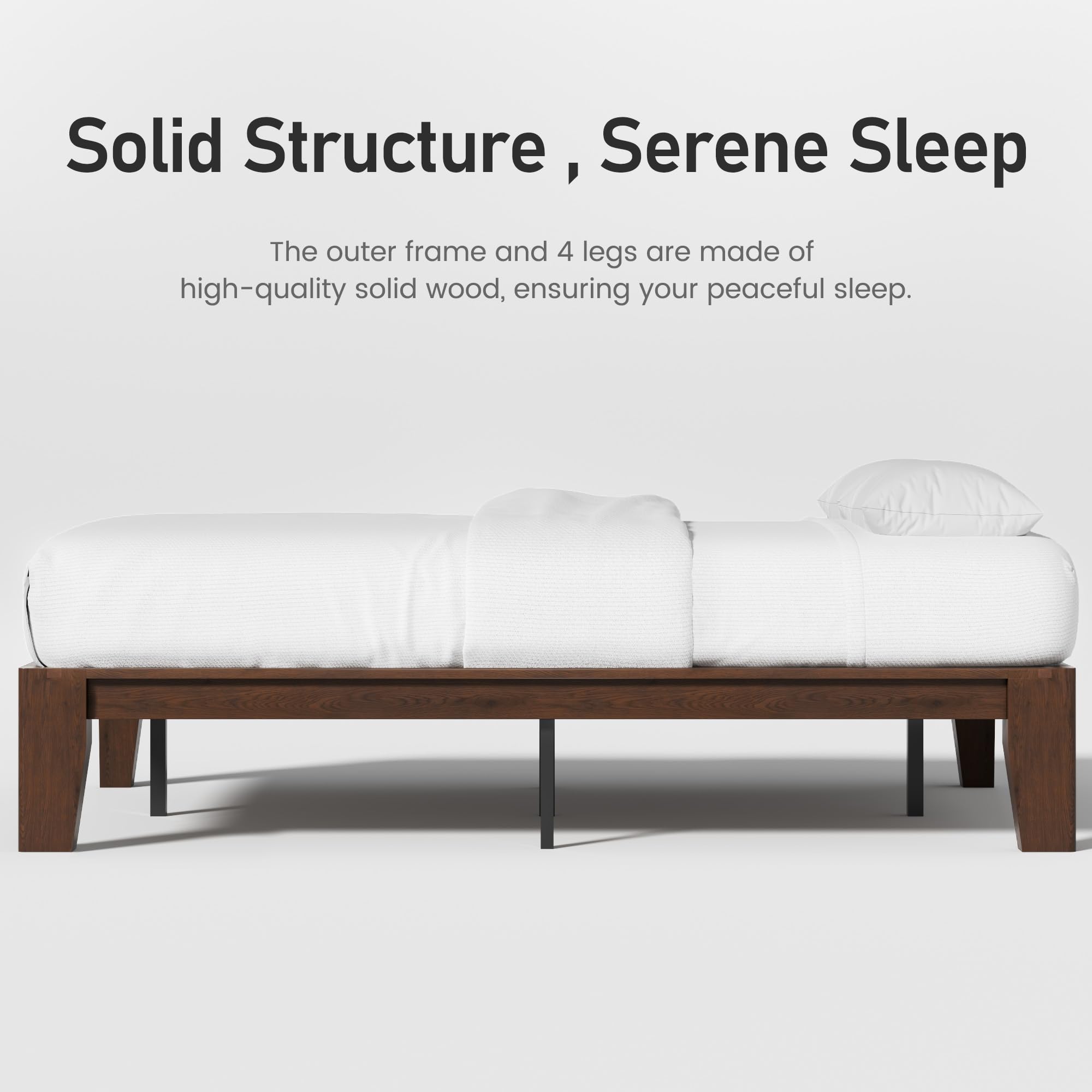 Lifezone Wood Queen Platform Bed Frame, Premium Solid Wood, Sturdy Structure, 3.78” Thickened & 14” Height Legs, Easily Assemble, Mortise & Tenon Joints Patterns, Walnut