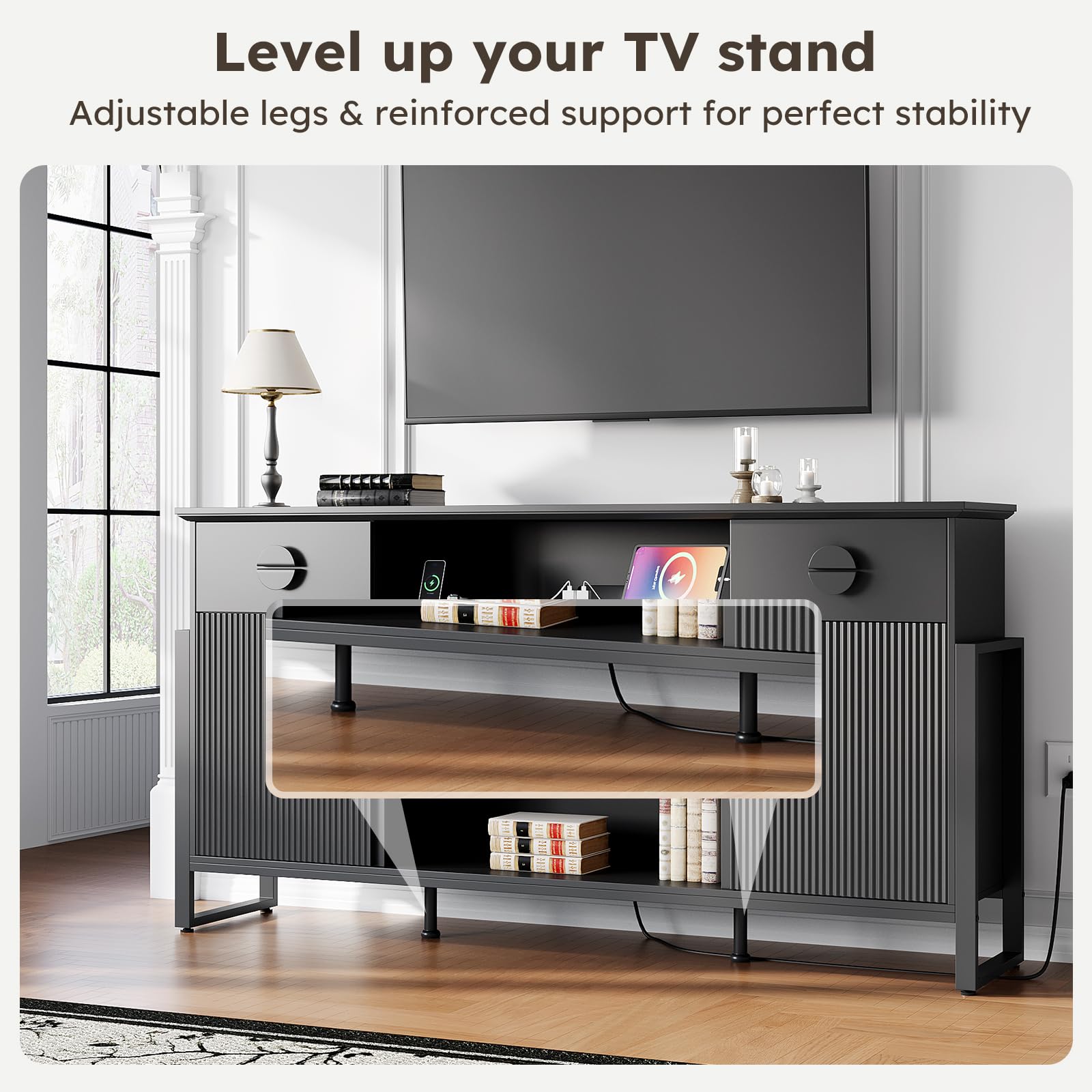 LGHM 70'' Fluted TV Stand with Power Outlets, Stylish Modern Entertainment Center with Drawers for TVs Up to 80”, 38'' Tall TV Stand, Media Console for Living Room, Metal Legs Design, Black