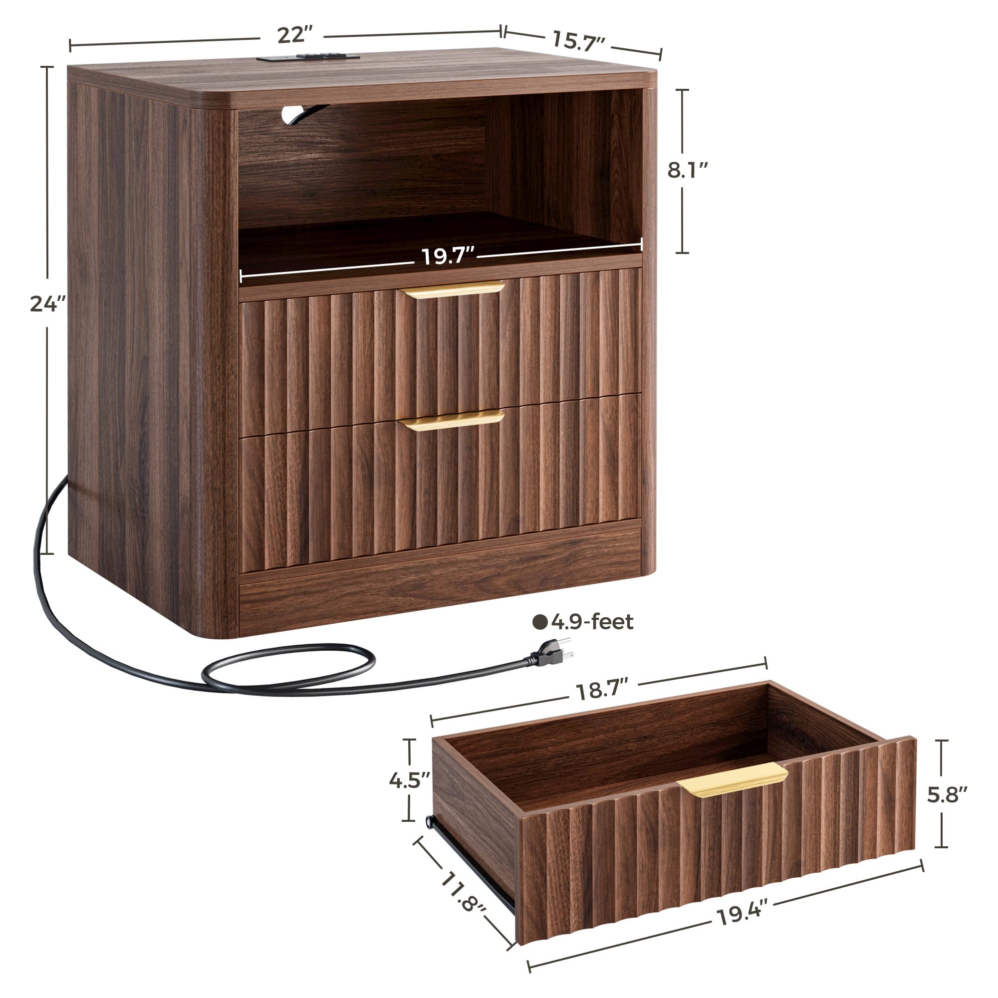 Fluted Nightstand Set of 2 with Charging Station