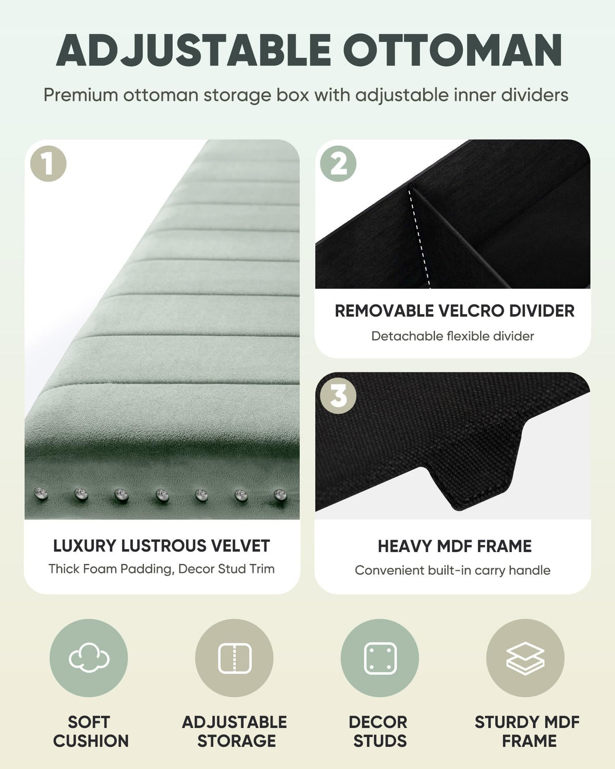 B FSOBEIIALEO 43" Tufted Storage Ottoman Bench Storage Chest, Sage Green
