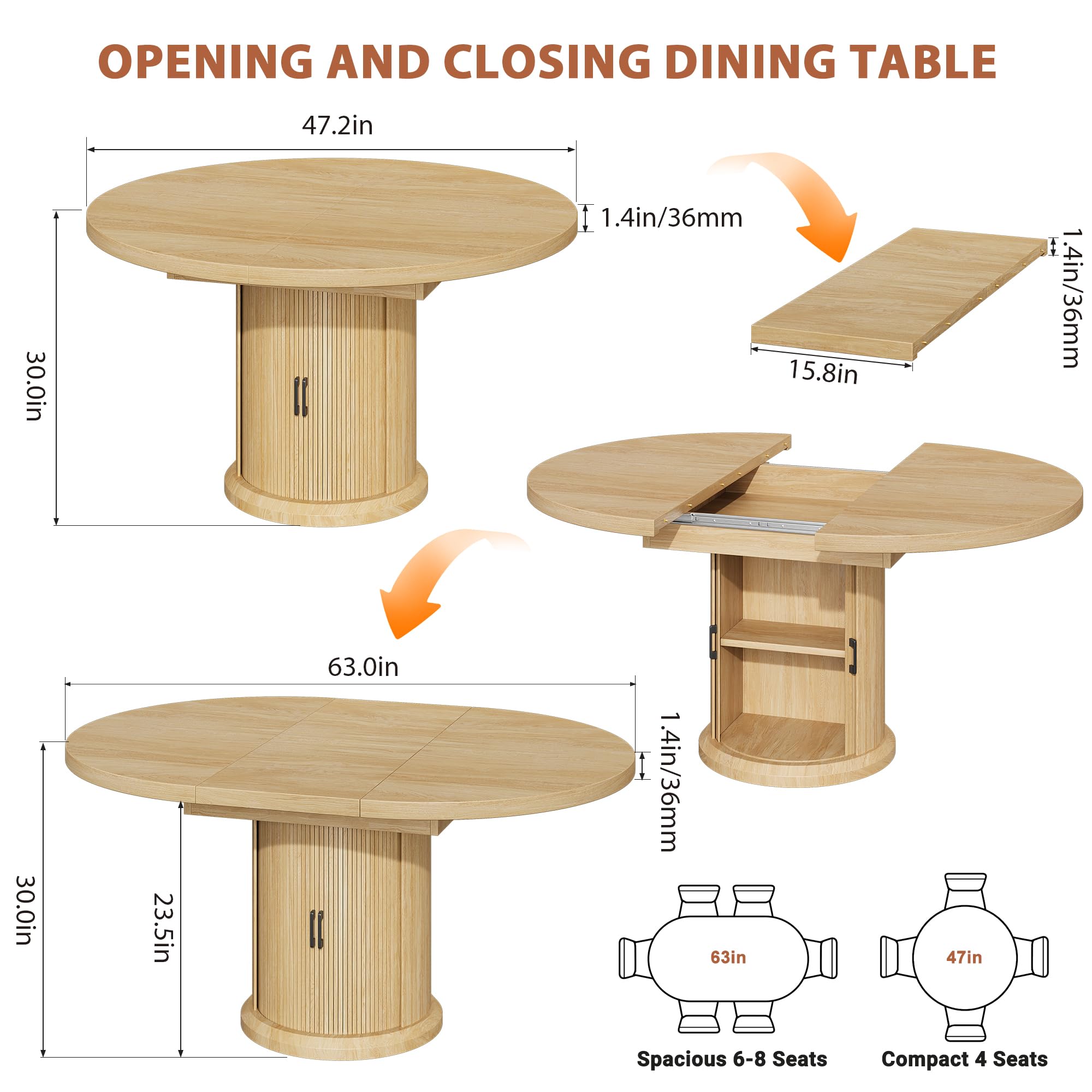 Extendable Round Dining Table 47"-63" with 2-Tier Storage Shelf