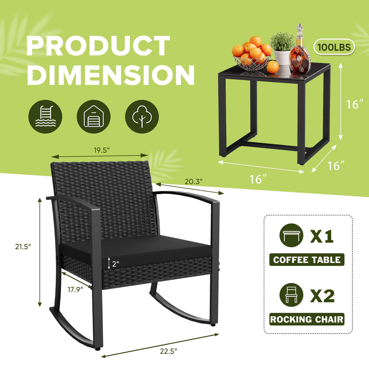 3-Piece Patio Rocking Chair Set