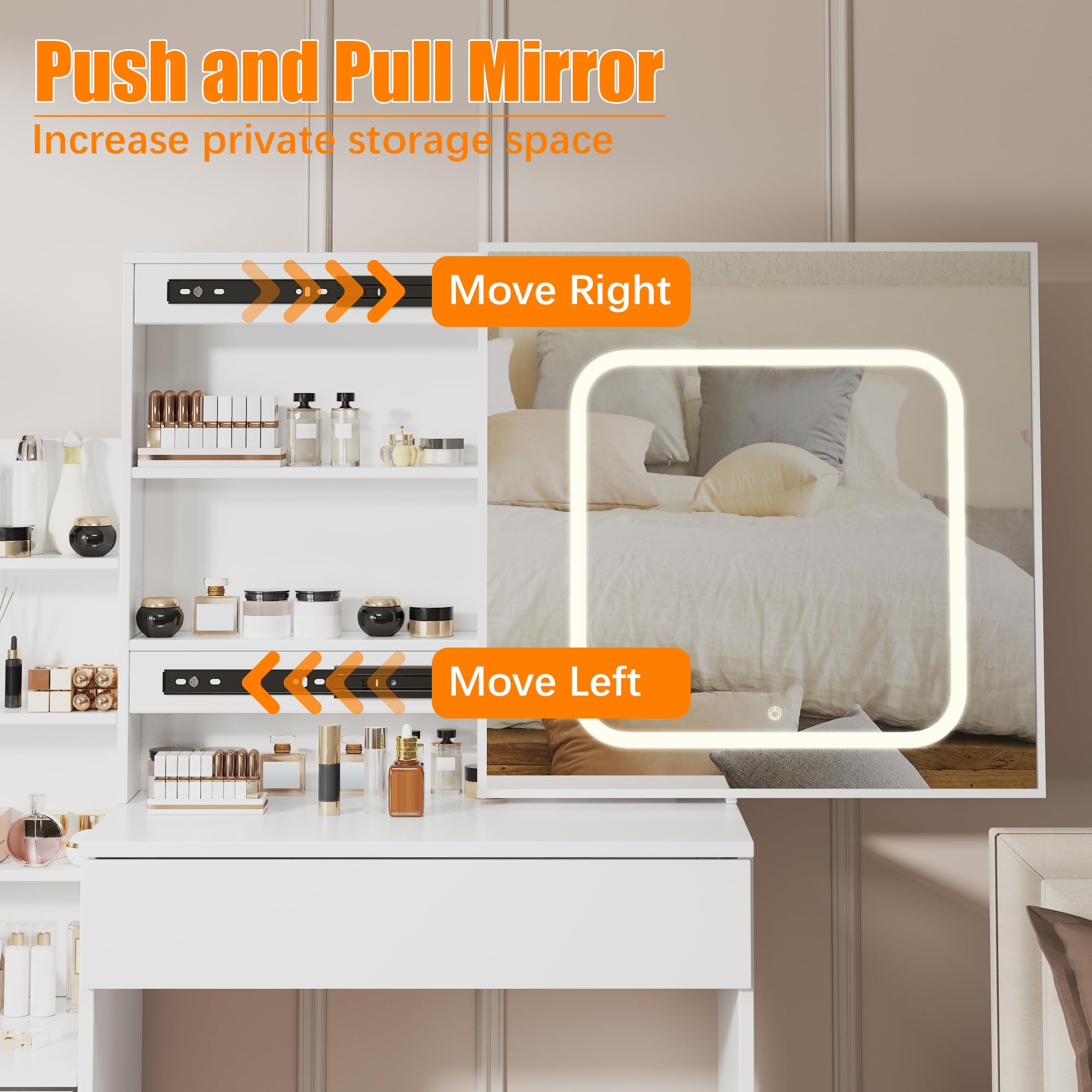 Garvee Vanity Desk with Sliding LED Mirror, Makeup Dressing Table with 4 Drawers, Storage Shelve, Power Outlet & Cushioned Stool, Adjustable 3 Lighting Modes, Modern Vanity Set for Bedroom, White