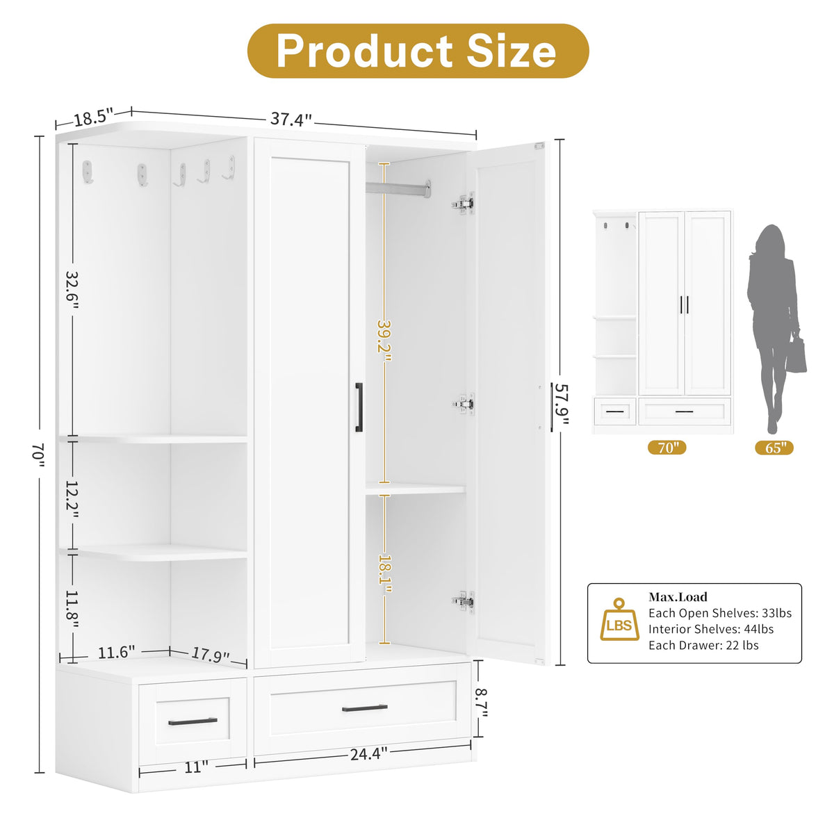 DynJest Armoire Wardrobe Closet with 2 Drawers, 70" Tall Clothing Storage Cabinet with Hanging Rod, 3 Open Shelves & 5 Hooks, 2 Doors Large Capacity Wooden Cabinet for Bedroom, White