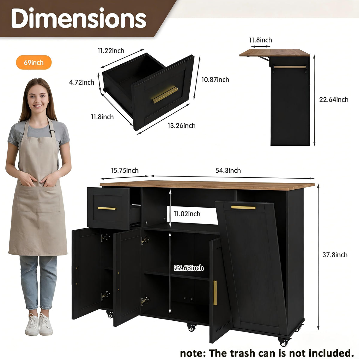 55" Kitchen Island on Wheels with Storage, Rolling Kitchen Island Cart