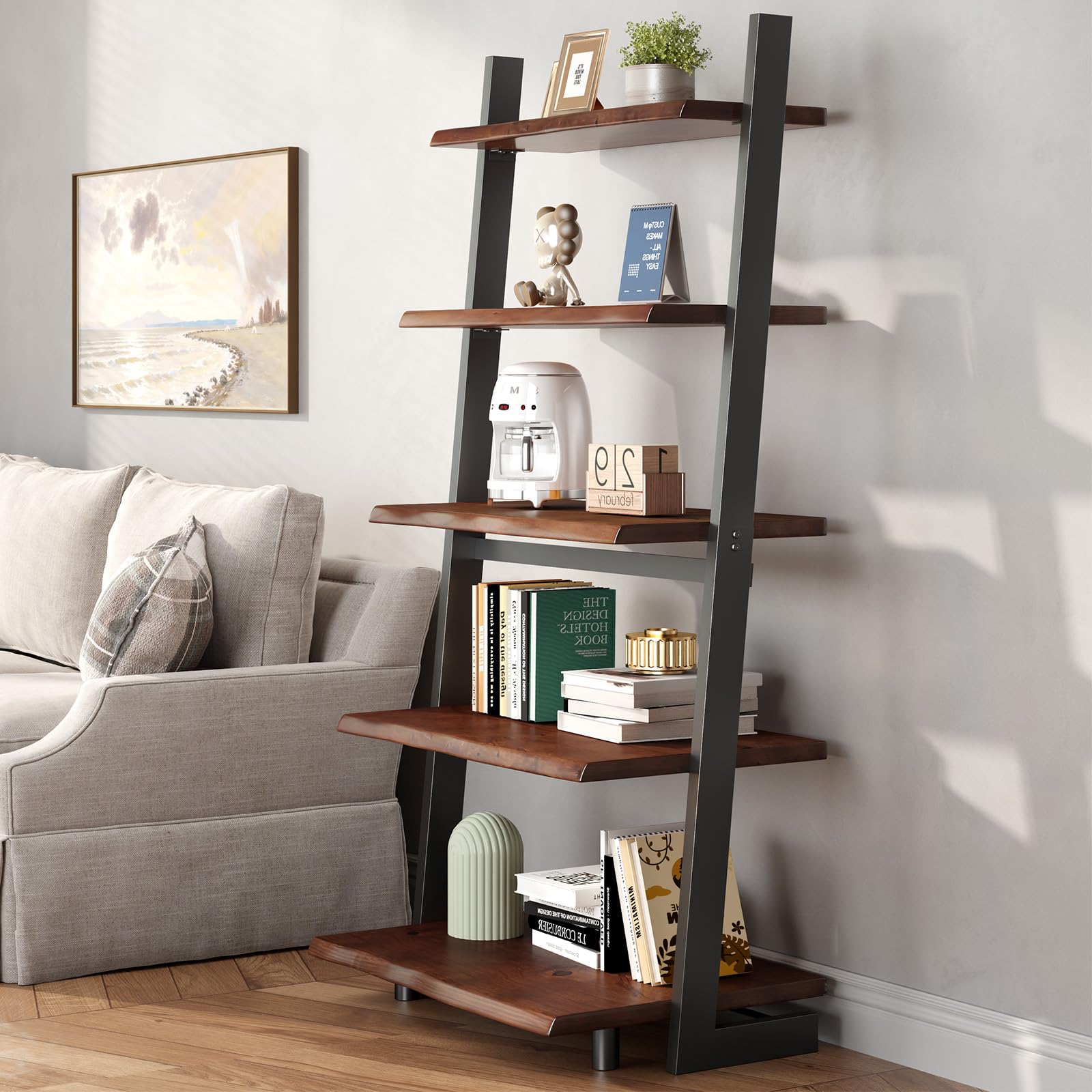 Solid Wood Ladder Bookshelf with Live Edge