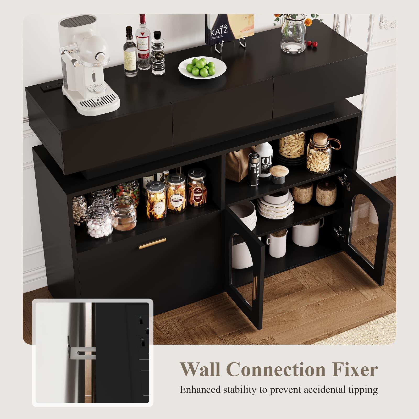 Coffee Bar Cabinet,Kitchen Storage Cabinet with 3 Drawers,Sideboard Buffet Cabinets with Ajustable Shelf,Wood Coffee Bar Table for Dinning Room/Living Room/Kitchen 55.04"L*15.61"W*41.93"H Black