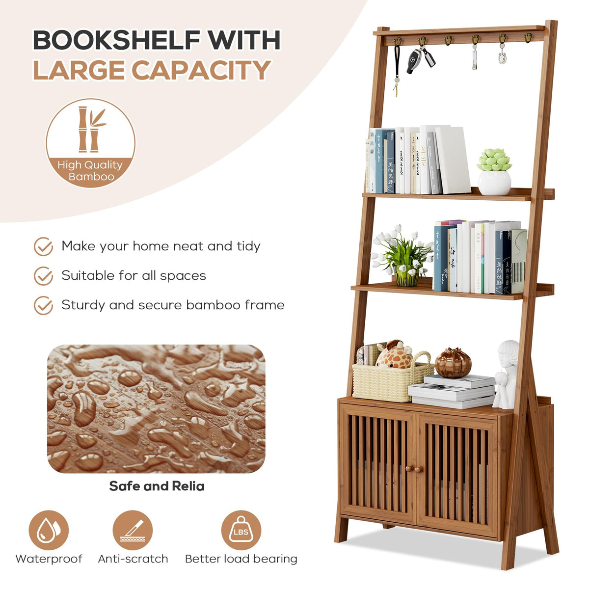 Bookcase with Drawers, Ladder Shelf 4-Tier Bamboo Bookshelf with 6 Hooks