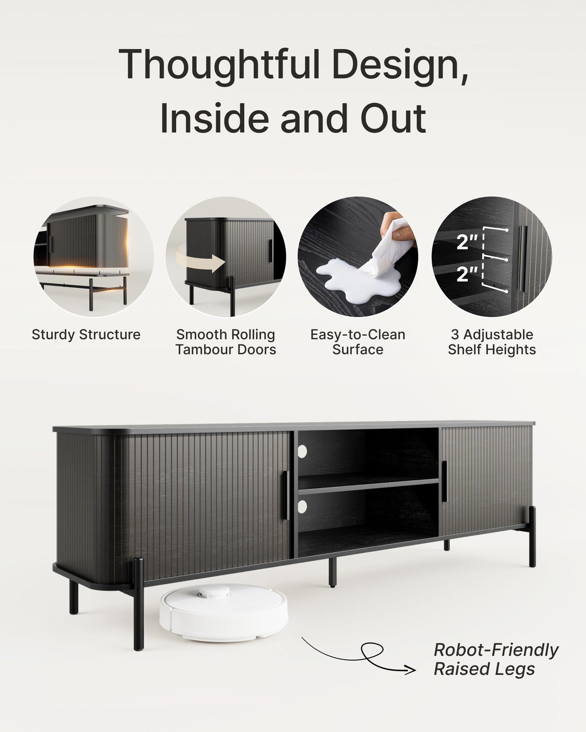 SUNCOZE 70" Mid-Century Fluted TV Stand with Storage up to 80 Inch, Black