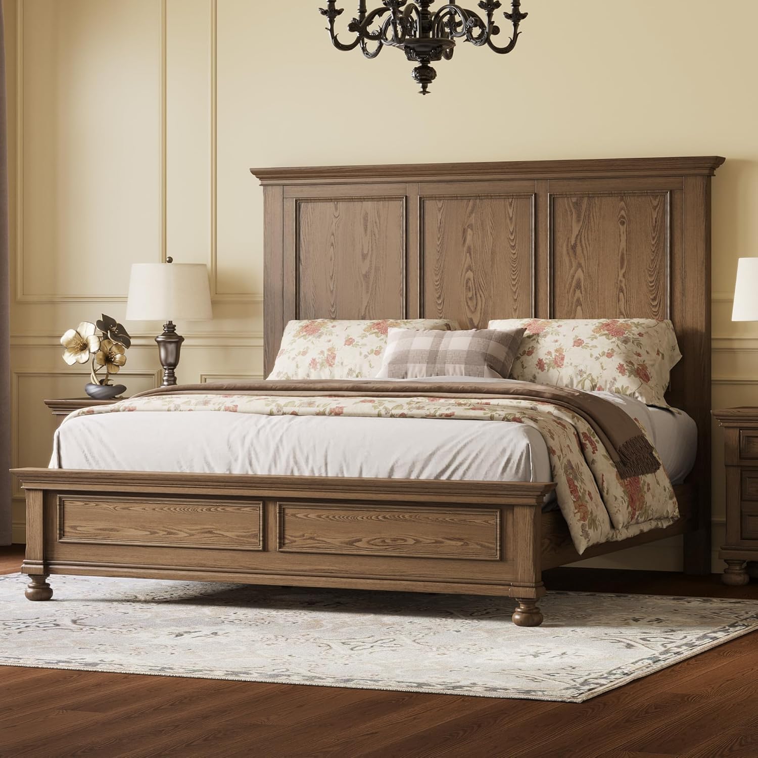 AMERLIFE Solid Wood 3 Piece Bedroom Set Including 65.2" High Queen Bed Frame, Fully Assembled Nightstands Set of 2 with 2 Storage Drawers for Bedroom, Light Brown
